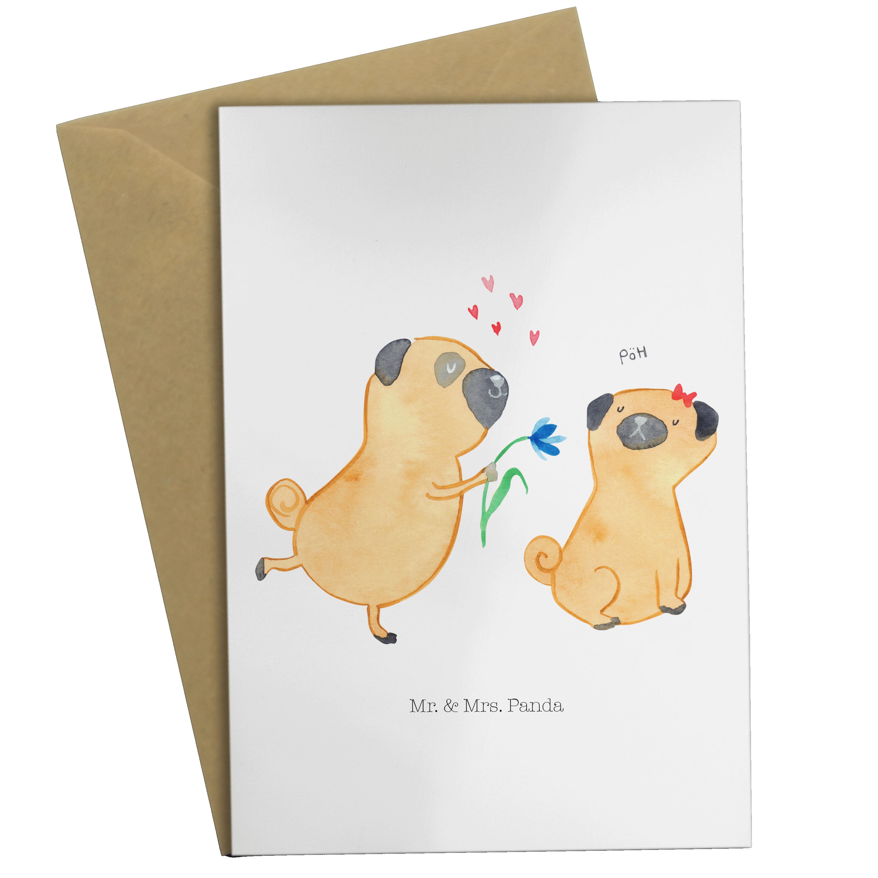 Mr. & Mrs. Panda Grußkarte Mops Weiß Vierbeiner, Sprüch Geschenk, Hund, - verliebt Klappkarte, 