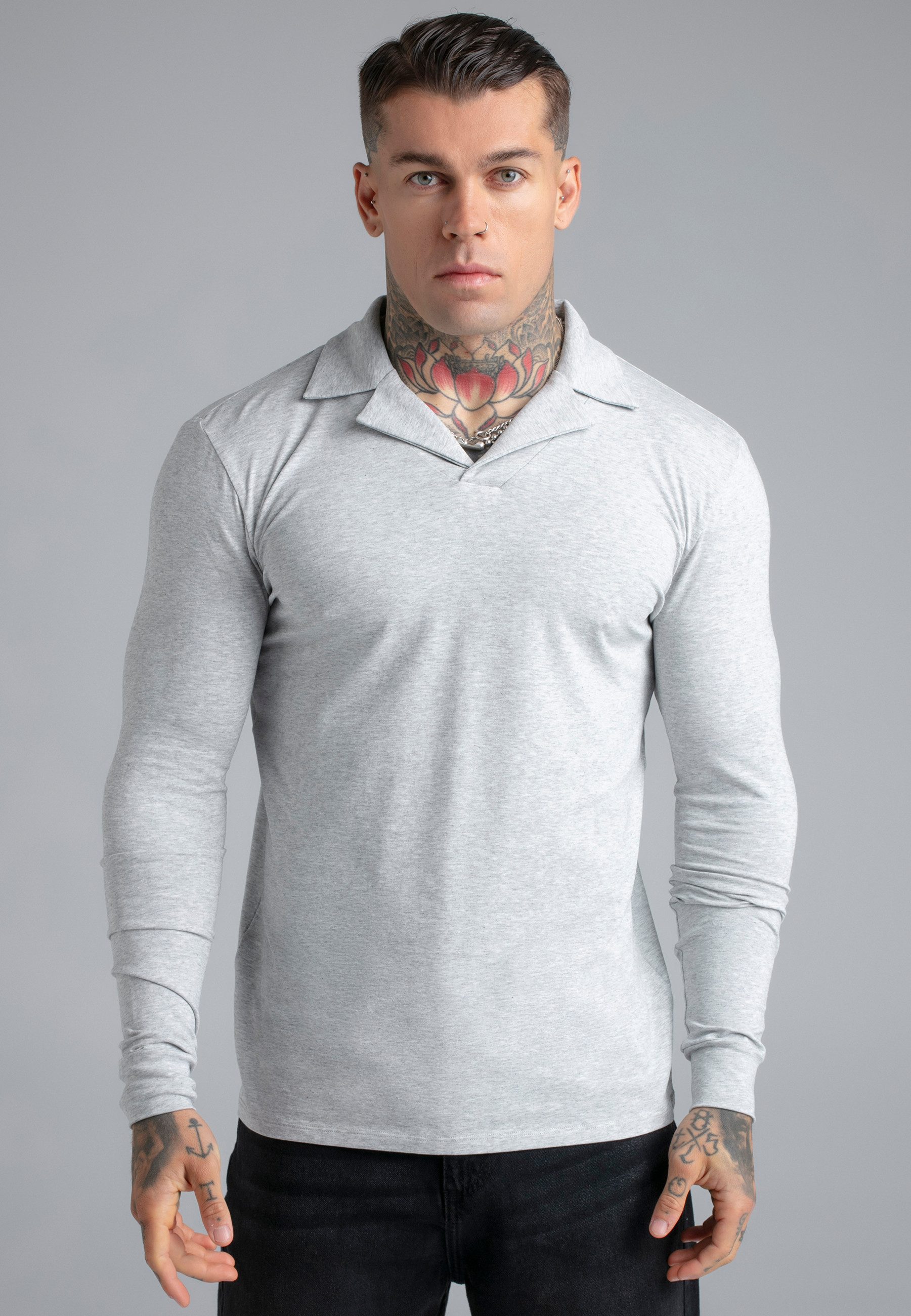 T-Shirt SikSilk Herren Grau Meliert Langarm Revere-Polo