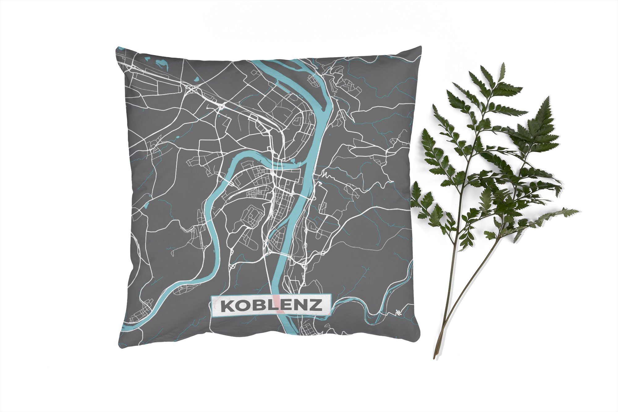 - mit Karte, MuchoWow Deko, für Blau Stadtplan Deutschland Schlafzimmer, Wohzimmer, - Zierkissen Koblenz Füllung Sofakissen - Dekokissen -