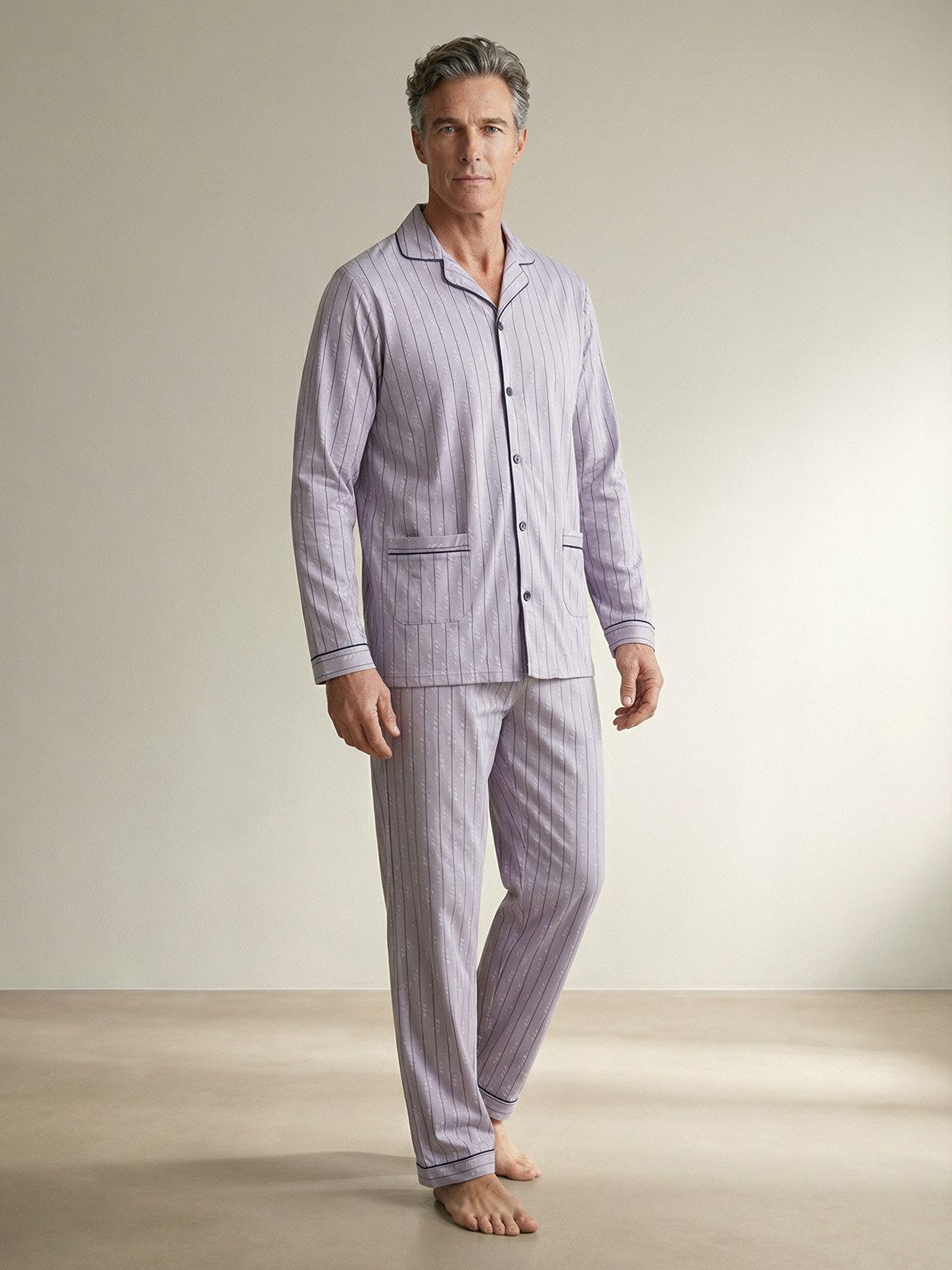 Lucky Pyjama Langarm- elegante Streifen farbliche Paspel Hemdkragen 2 Taschen