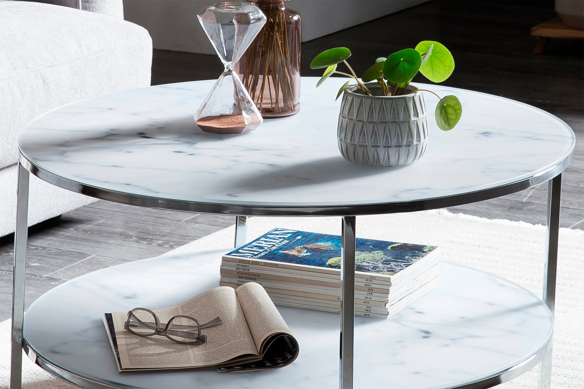 SalesFever Couchtisch, Tischplatten | Weiß/Chromfarben Chromfarben Marmoroptik in