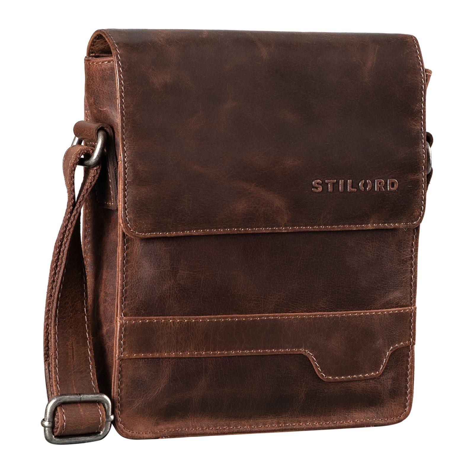 Bag "Sven" Umhängetasche Leder Messenger - STILORD Herrenhandtasche dunkelbraun crunchy