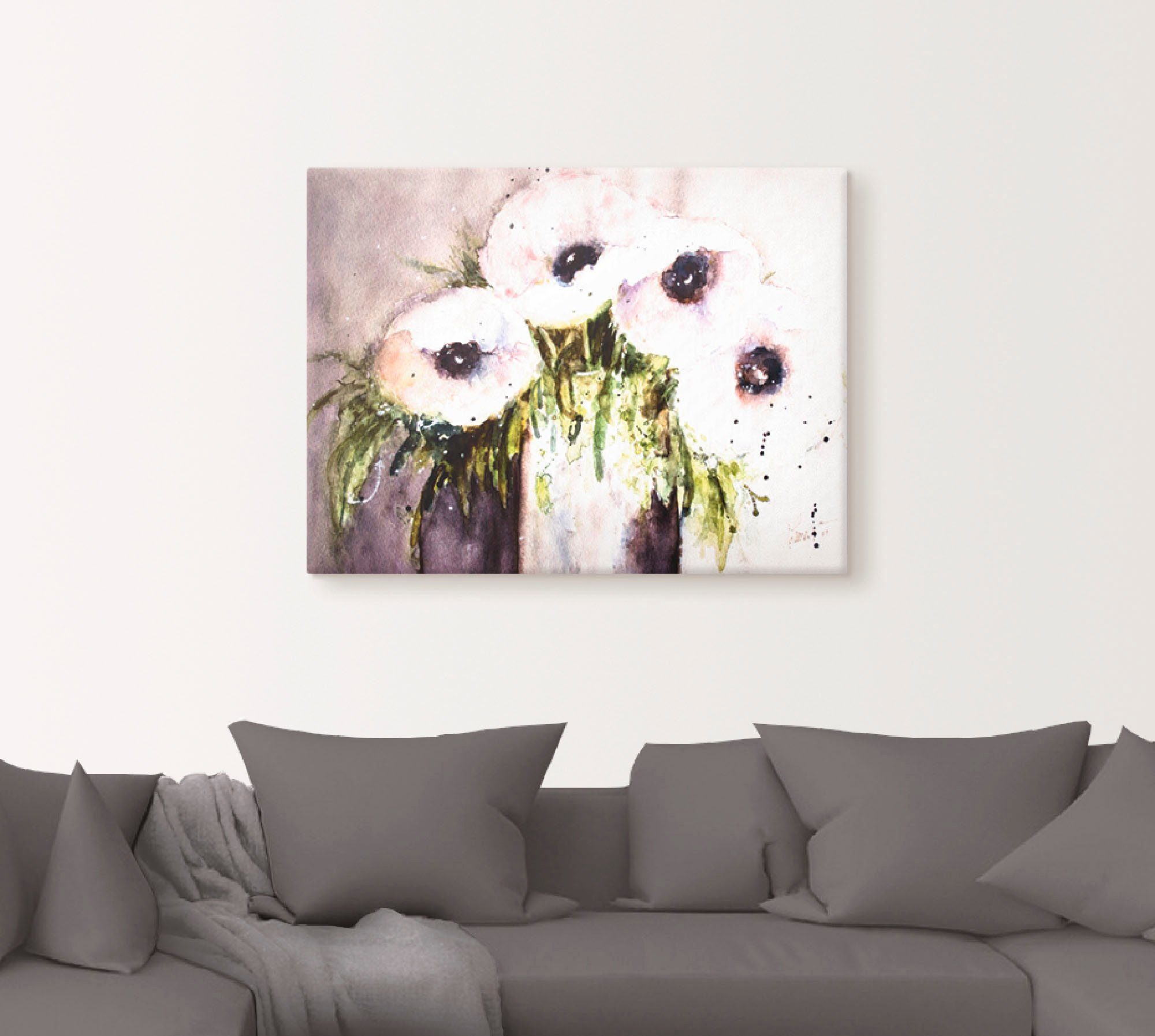 Artland Leinwandbild Lila Mohn in Vase, Blumen (1 St), auf Holzrahmen gespannt