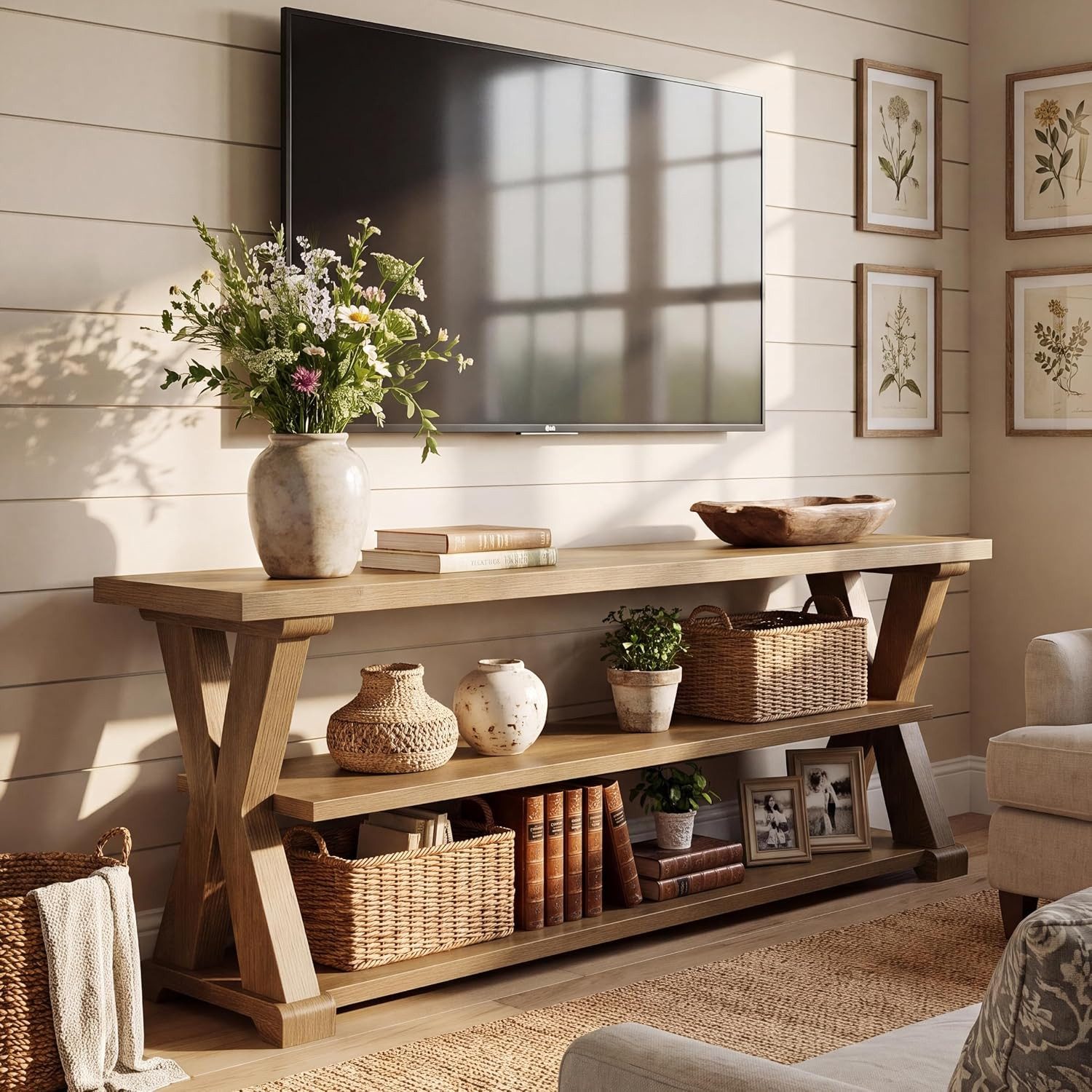 Tribesigns TV-Bank Fernsehschrank 160 cm für 55-70 Zoll 3 Ablagen Landhausstil X-Design