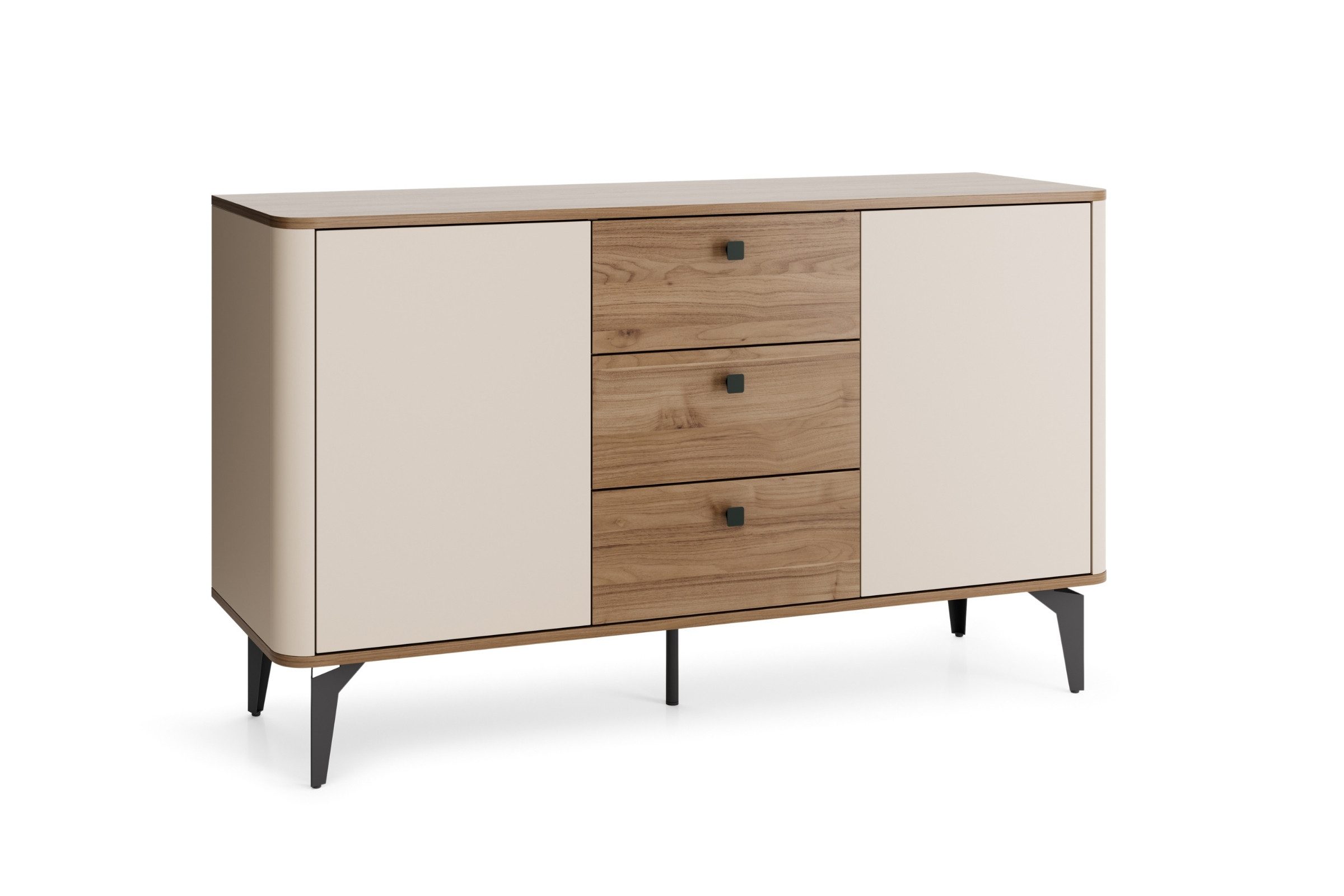 Deine Möbel 24 Kommode AURO 04 Sideboard mit 3 Schubladen, 2 Türen & Einlegeböden (140 cm breit, 1 St., AURO - Kollektion), Soft-Close & Push-to-Open, Metallfüße, Kaschmir/Royal Nussbaum