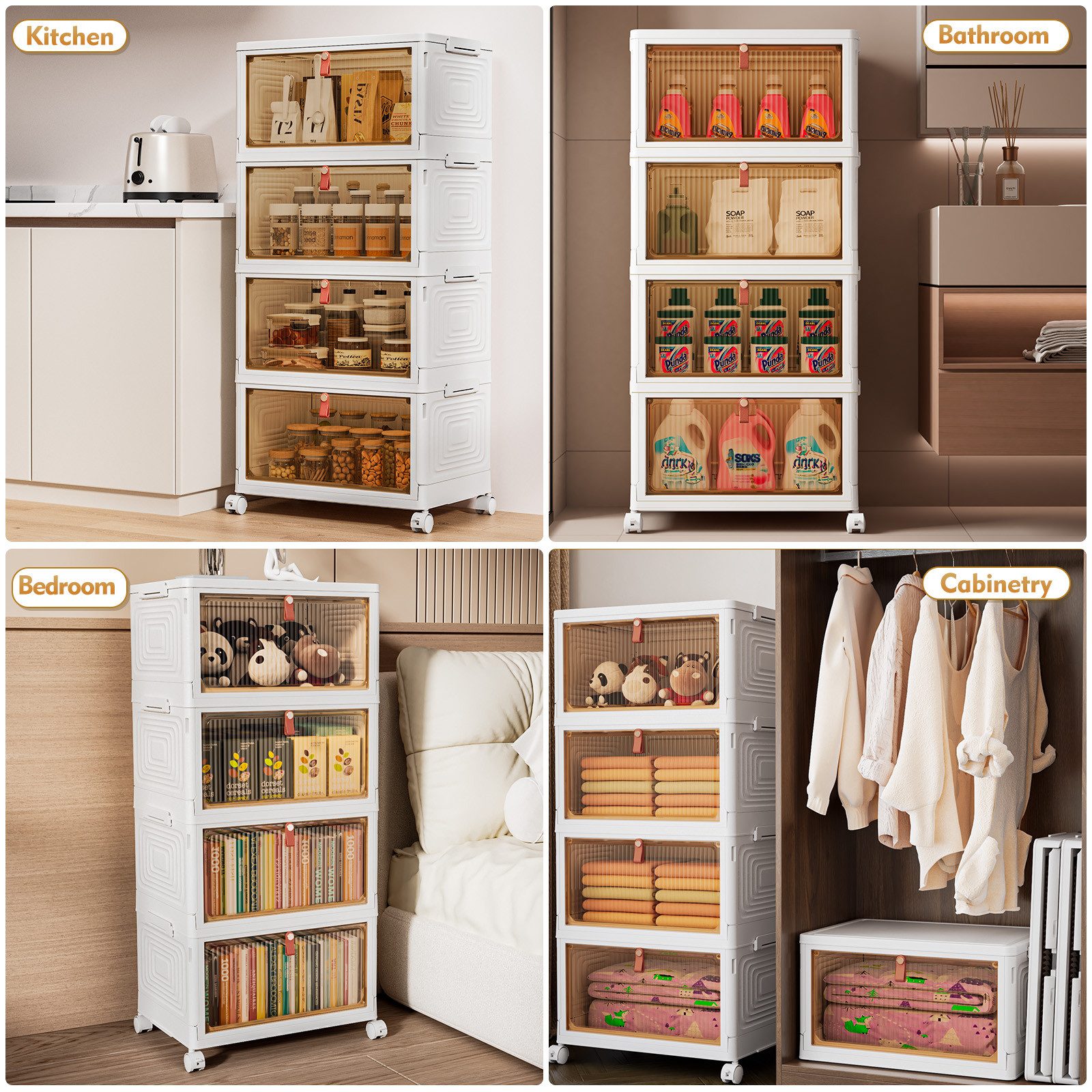 POPOLIC Aufbewahrungsbox Stapelbare Aufbewahrungsbox mit Rädern, Deckel (Kunststoff-Aufbewahrungsbox für Hausorganisation Schlafzimmer Wohnheimzimmer, 4 St., Ba – Bild 5 von 5