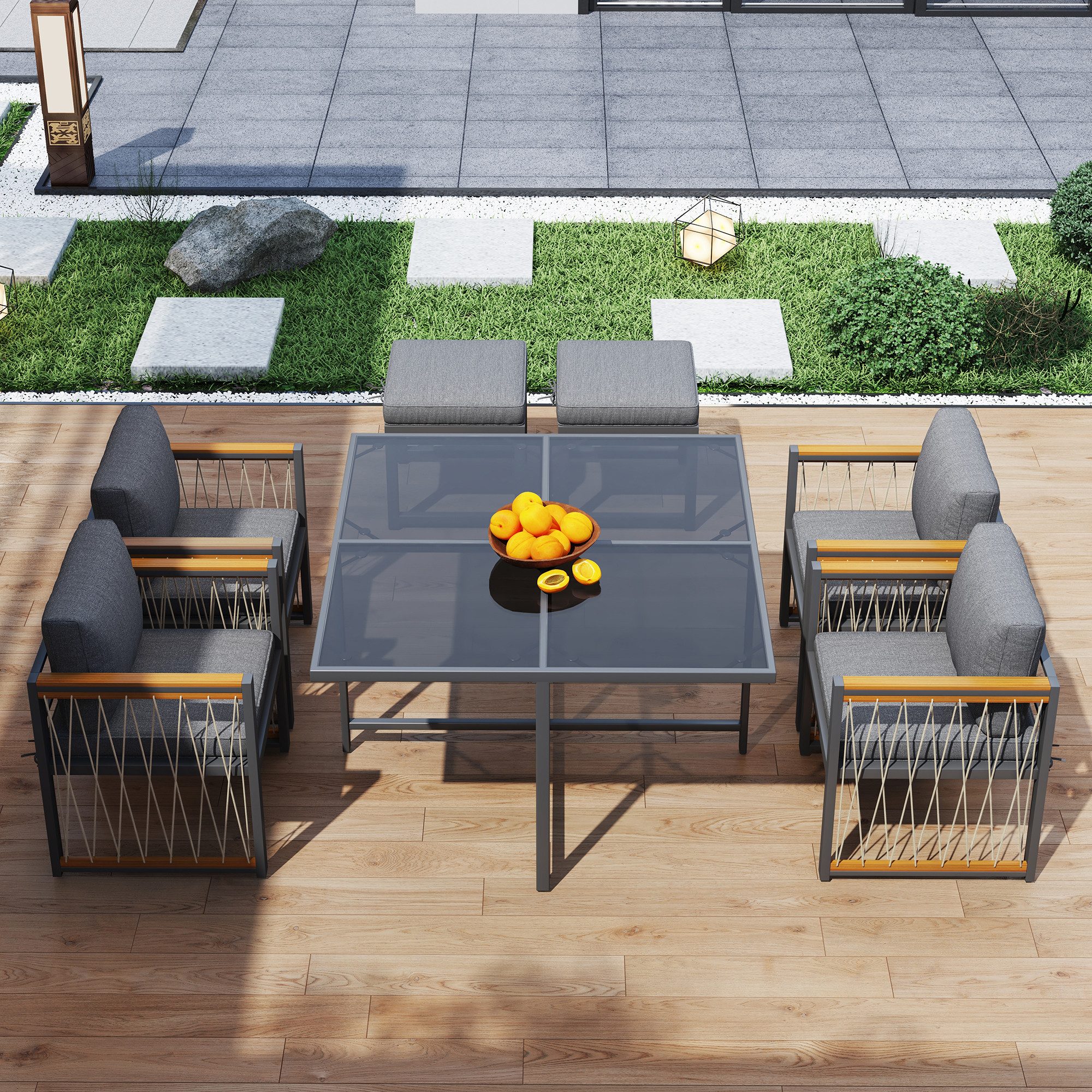 Refined Living Balkonset 7-tlg. Outdoor-Essgruppe, Gartenmöbel Set, Sitzgruppe für 6 Personen, (Tisch aus gehärtetem Glas, Handlaufplatte aus Akazienholz,Essgruppe Garten, Terrassenmöbel, Outdoor Möbel, Garten Esstisch Set, Stuhl Set wetterfest, Akazienholz Gartenmöbel,Rattanmöbel Set,Glastisch Garten,Terrassenmöbel,Garten Stühle Hocker, 7-tlg., Großzügiger Tisch,Wetterfest,langlebig,Hochwertige Materialien), für Mahlzeiten im Hinterhof,Gartenterrasse,Balkon,Terrasse,Outdoor