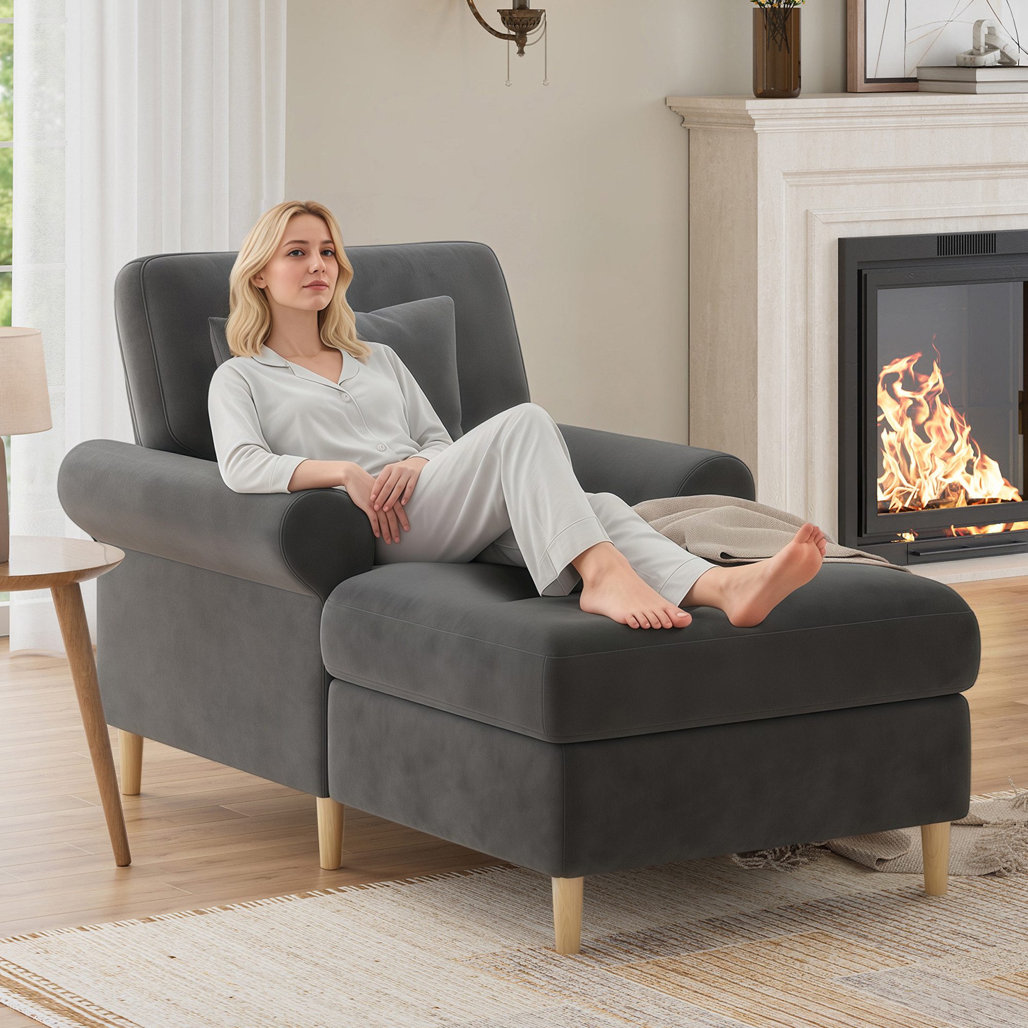KLAM HOME Relaxsessel XXL Relaxsessel Klappbar Mit Liegefunktion Und Samtbezug (Gepolsterter Schlafsessel Bequem Für Wohnzimmer Und Schlafzimmer), Großer Lesesessel Lounge Sessel Mit Hoher Tragkraft 150kg Beige