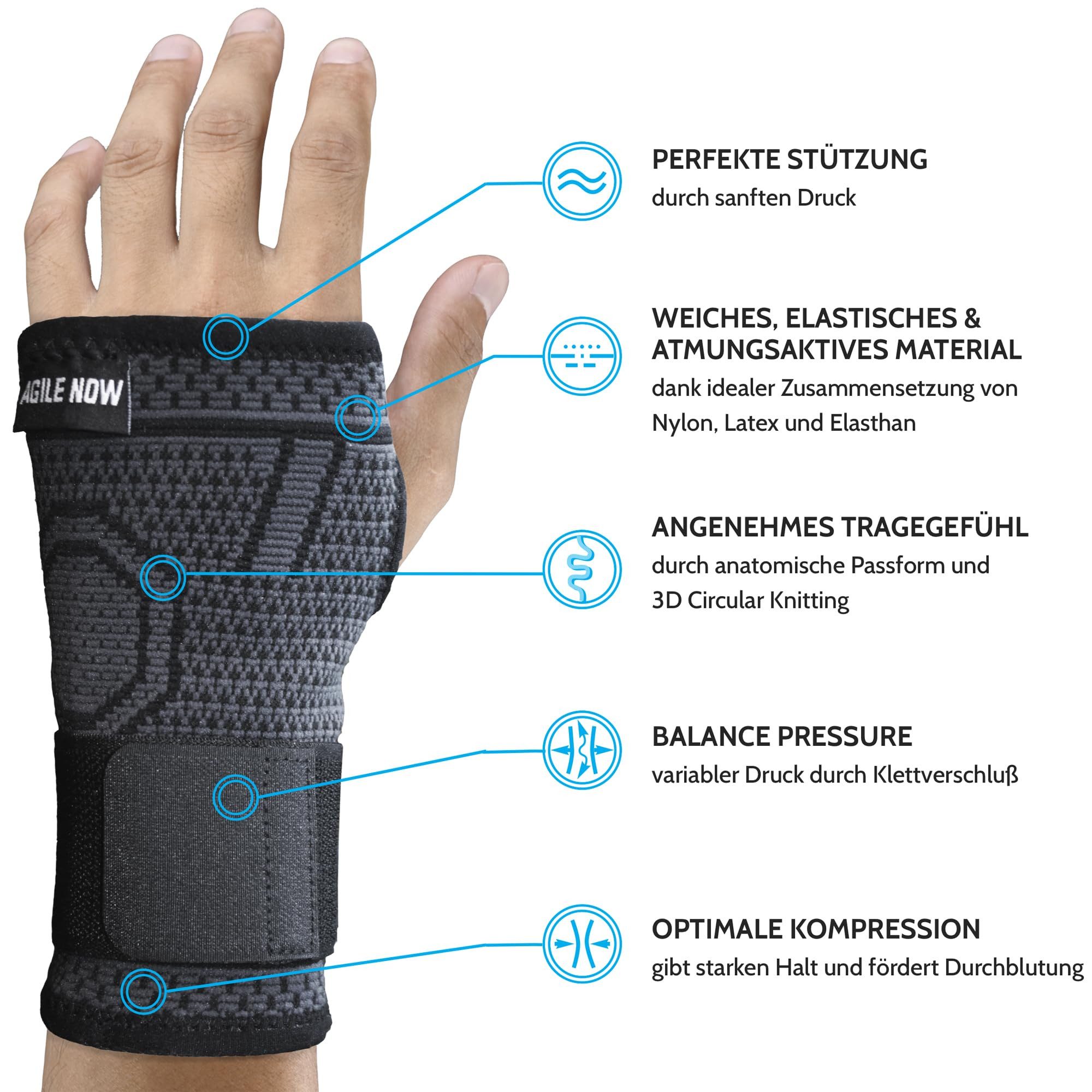 AGILE NOW Handgelenkbandage Basic, leichte Unterstützung bei Sport oder Alltag (Ideal für Sport & Alltag, Angenehm zu tragen, hautfreundlich & langlebig), Atmungsaktives & weiches Material, Handgelenk Bandage