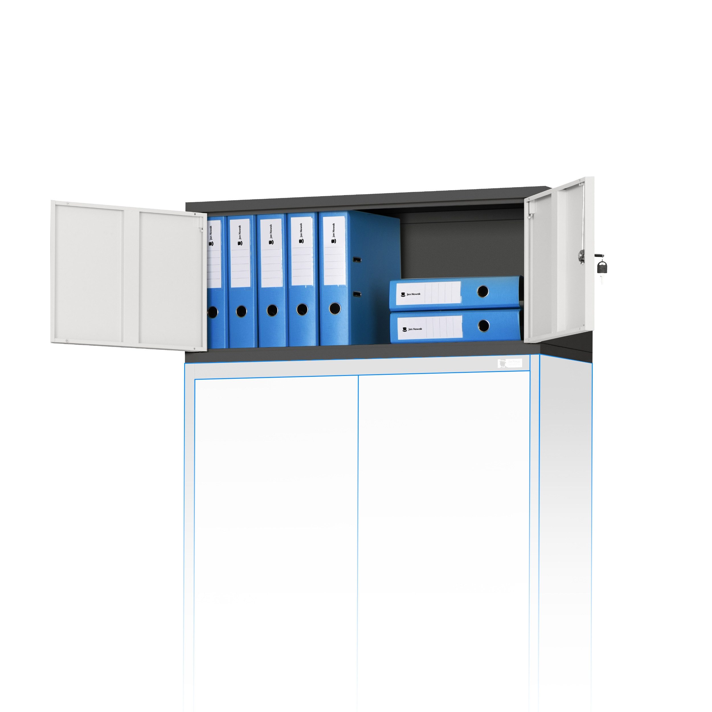 Jan Nowak Schrankaufsatz Aufsatz für Aktenschrank 90 cm EWA Metall Stahl abschließbar, (38 x 90 x 40 cm passend für JAN NOWAK Schränke PZH-zertifiziert), Erweiterung Büroschrank Schloss 2 Schlüssel robust 3 Farben
