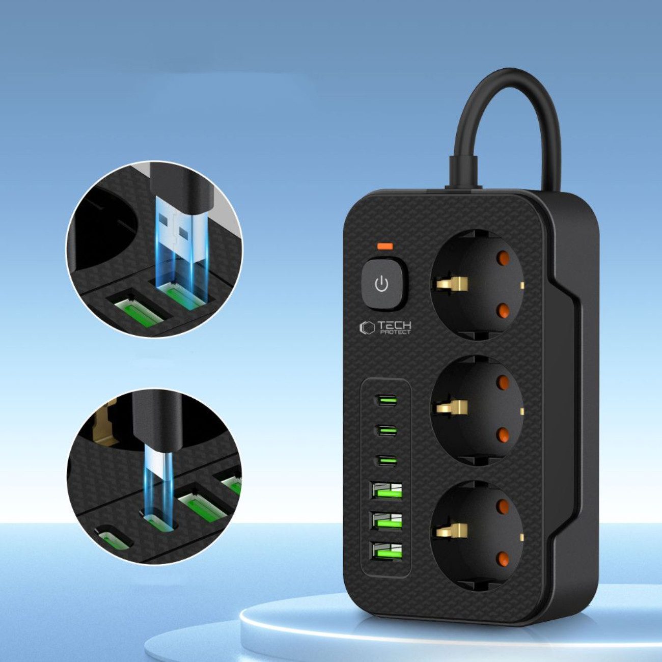 TECH PROTECT PC3X6 Steckdosenleiste (3 Steckdosen, 3x USB-A, 3x USB-C, 200 cm Kabel, Schalter mit LED-Anzeige), 9-in-1 Steckdosenleiste mit USB-A und USB-C Ladeanschlüssen