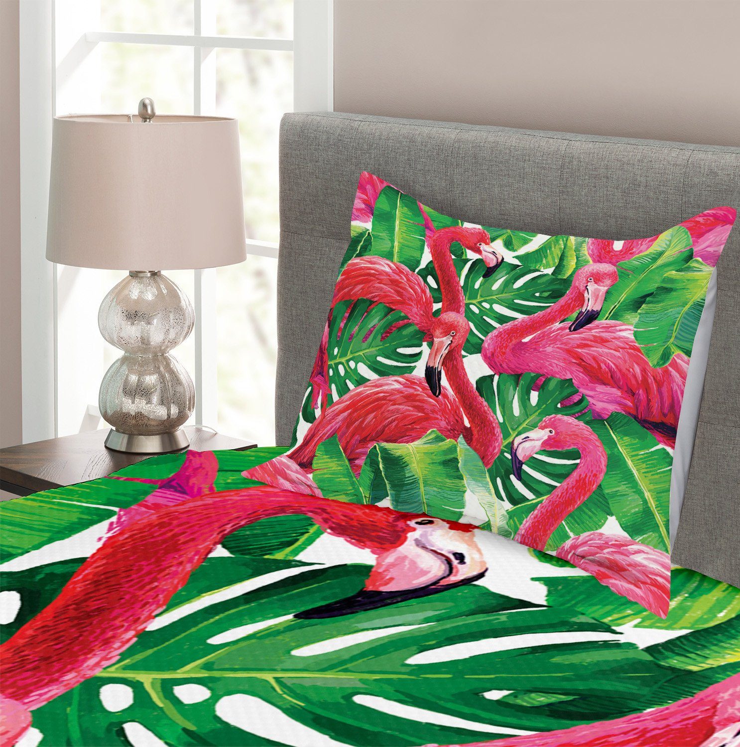 Tagesdecke Set exotische Kissenbezügen Abakuhaus, mit Flamingo Blätter Retro Waschbar