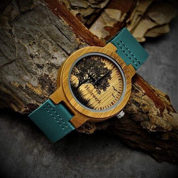 Holzwerk Quarzuhr ETTINGEN Damen & Herren Holz Armband Uhr, Baum Motiv, braun, blau