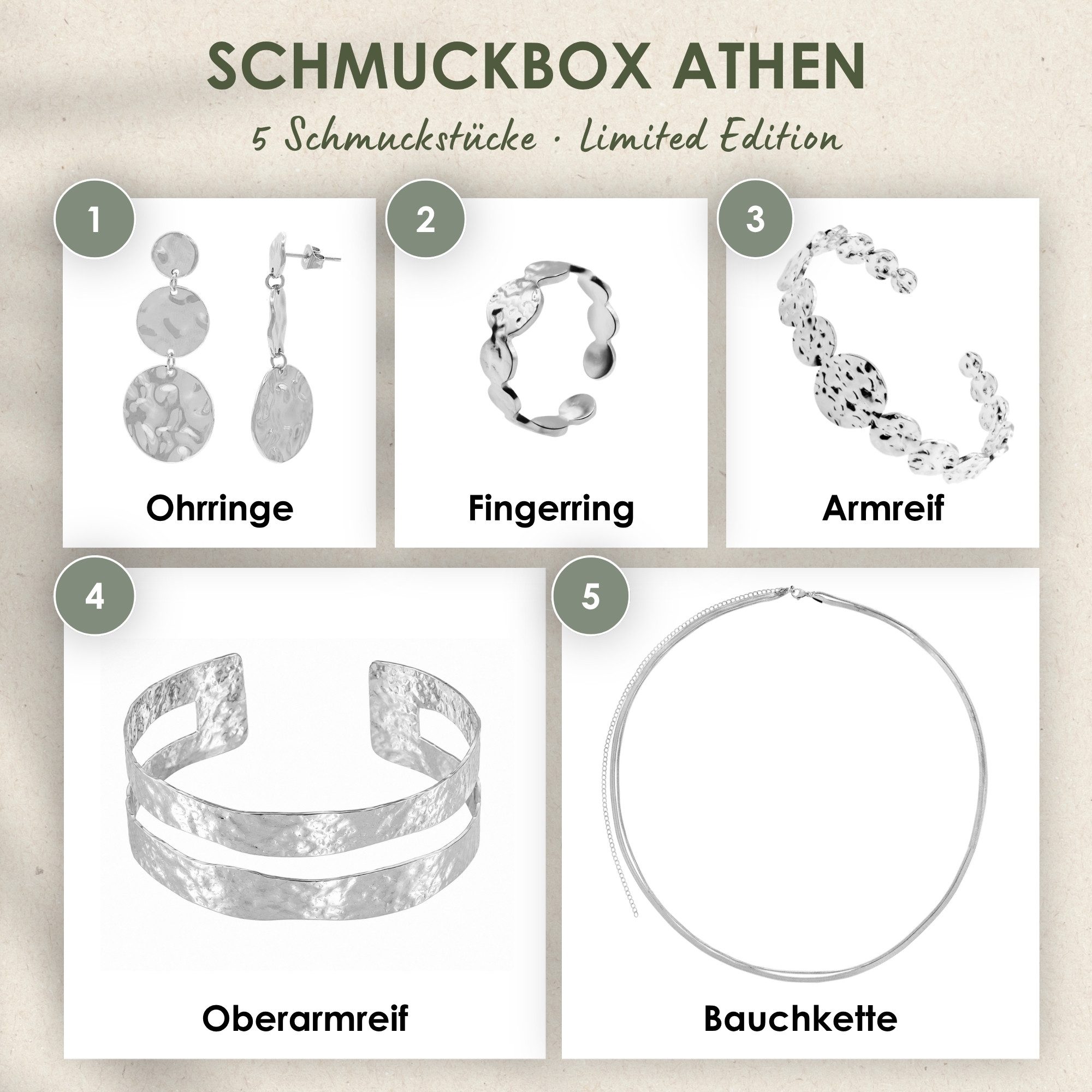 Heideman Schmuck-Adventskalender Summerbox Athen silberfarben, Schmuckset mehrteilig Schmuck für Frauen - 5 Schmuckstücke