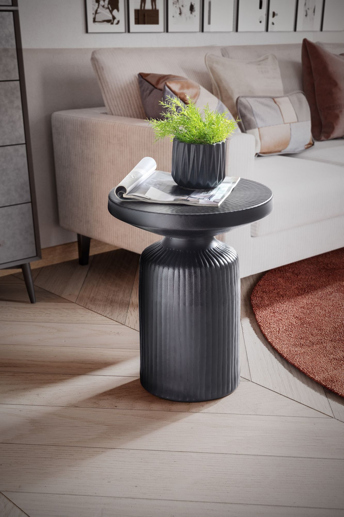 FINEBUY Beistelltisch FB92222 Sofatisch Metall Schwarz 40x40x50 cm Wohnzimmertisch (40x40x50 cm Metall Sofatisch Rund Wellenmuster), Wohnzimmertisch Modern, Kleiner Couchtisch Rund