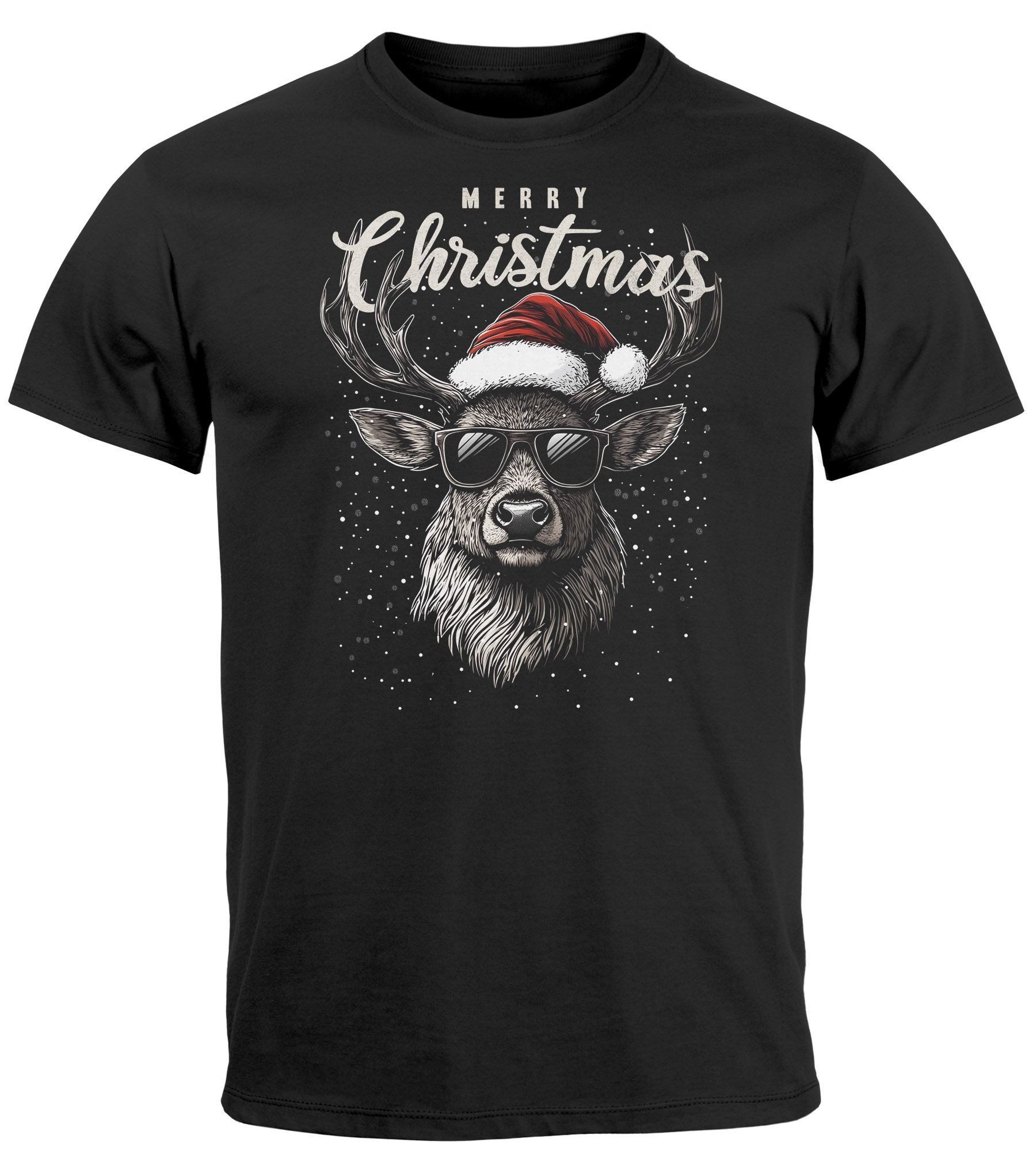 Print-Shirt Herren T-Shirt Weihnachten Rentier Hirsch mit Weihnachtsmütze