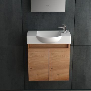 Alpenberger Badezimmer-Set in Bamboo Optik 55cm Breit - Hängeschrank mit Keramik Waschbecken, (Komplett-Set Modern, 2-St., Handwaschbecken mit Badschrank), Waschbeckenunterschrank Vormontiert mit Soft-Close