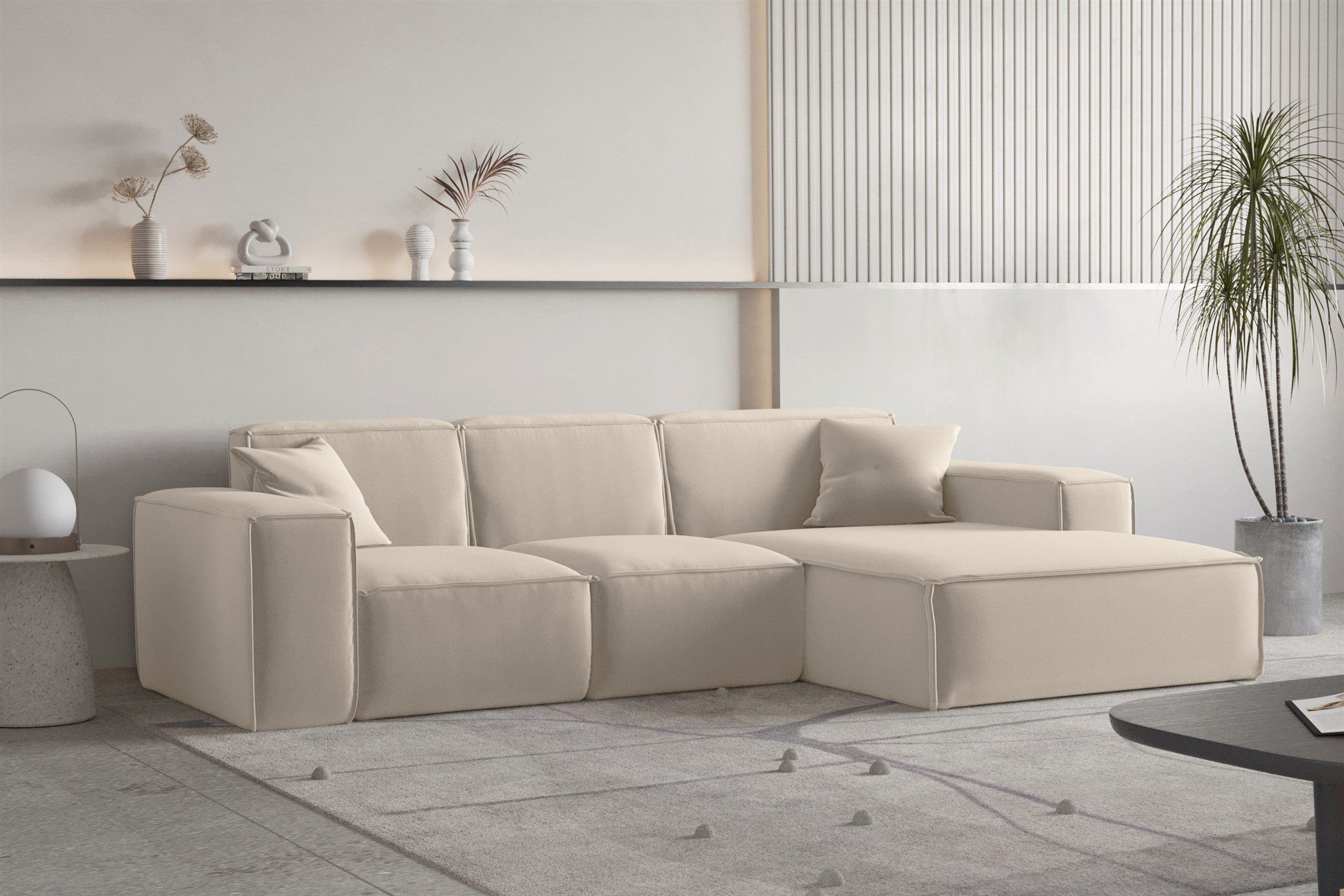 Ecksofa Ecksofa CELES PREMIUM in Stoff Opera Velvet Beige mit Ottomane