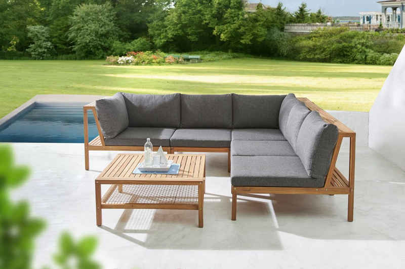 Timbers Gartenlounge-Set Chesapeake, (Set, 6-tlg., verschiedene Stellmöglichkeiten), Set besteht aus 100% Akazienholz, inkl. Auflagen