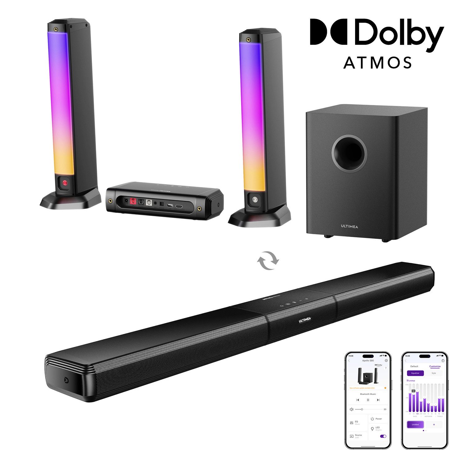 Ultimea Apollo S80 Soundbar 5.1-Kanal Dolby Atmos (HDMI eARC/BT/OPT/AUX, 320 W, 3-in-1 Abnehmbarer mit Subwoofer & App-Steuerung für Heimkino)