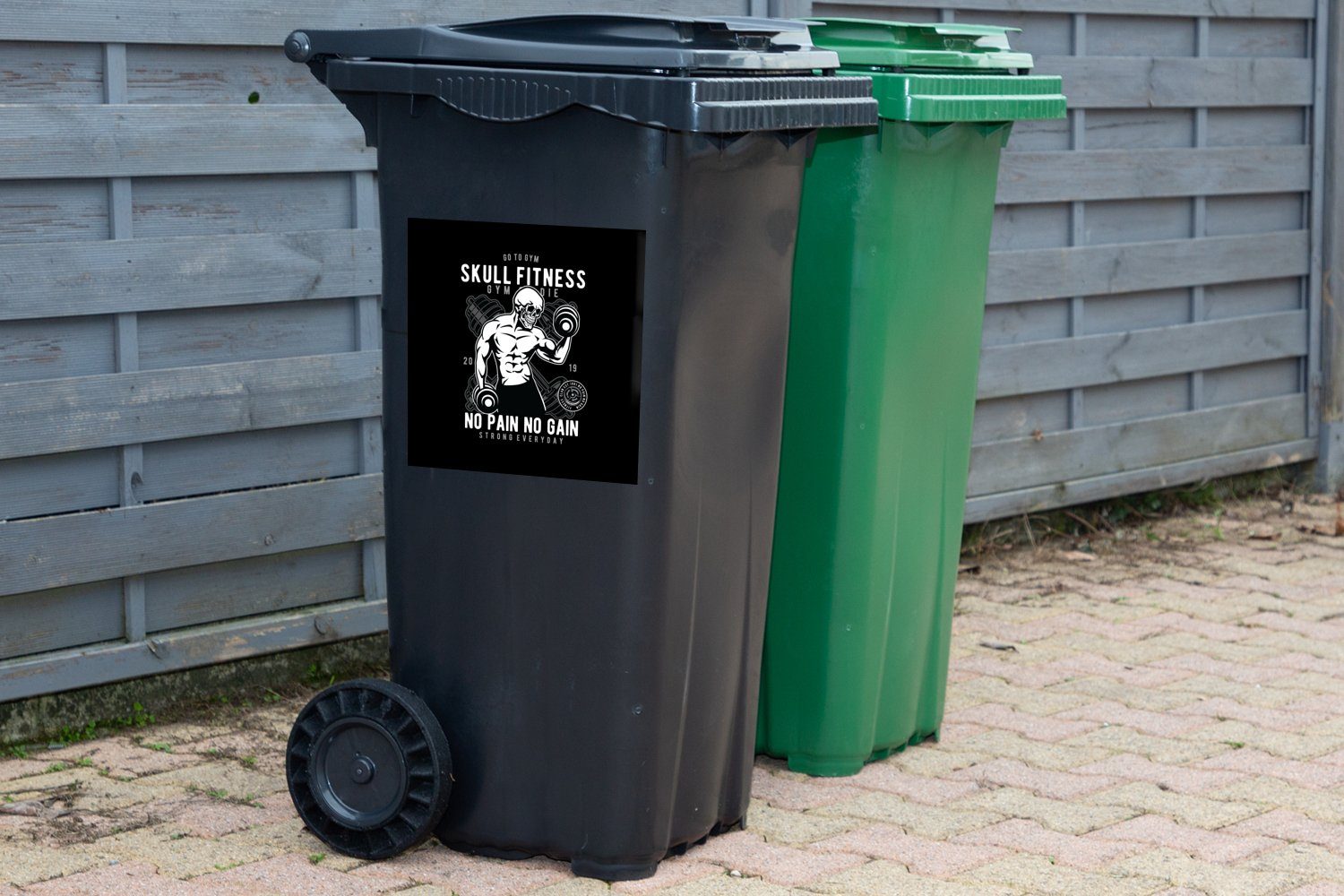 Mülltonne, Abfalbehälter Container, Gewichte - MuchoWow Retro (1 Wandsticker Sticker, Skelett Fitness Mülleimer-aufkleber, - St), -