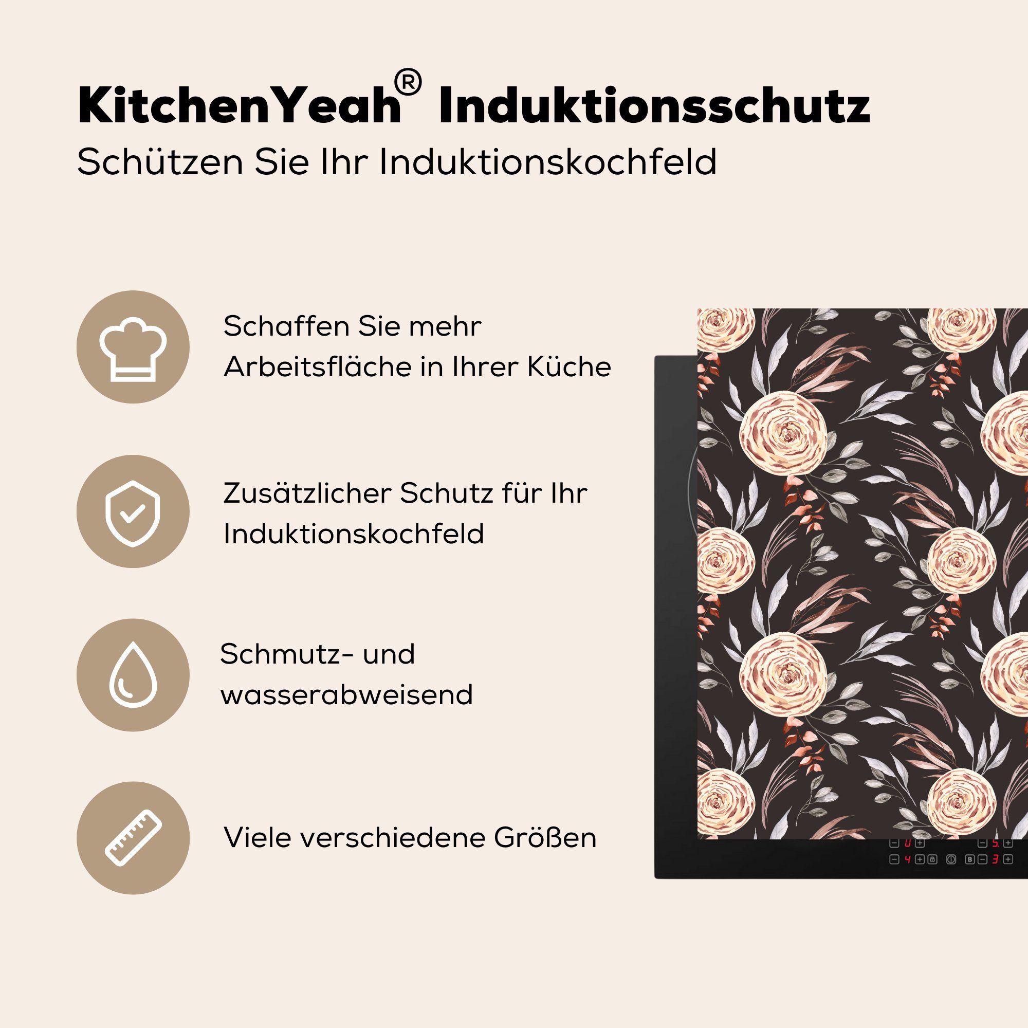 Rosen küche cm, 78x78 Arbeitsplatte - (1 MuchoWow Vinyl, Muster, Braun Herdblende-/Abdeckplatte tlg), Ceranfeldabdeckung, für -