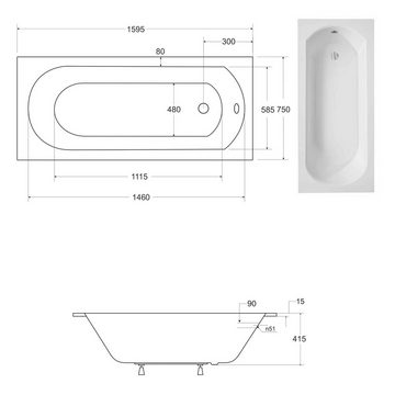 KOLMAN Badewanne Rechteck Intrica Slim 160x75, Wannenträger Styroporverkleidung, Ablauf VIEGA & Füße GRATIS