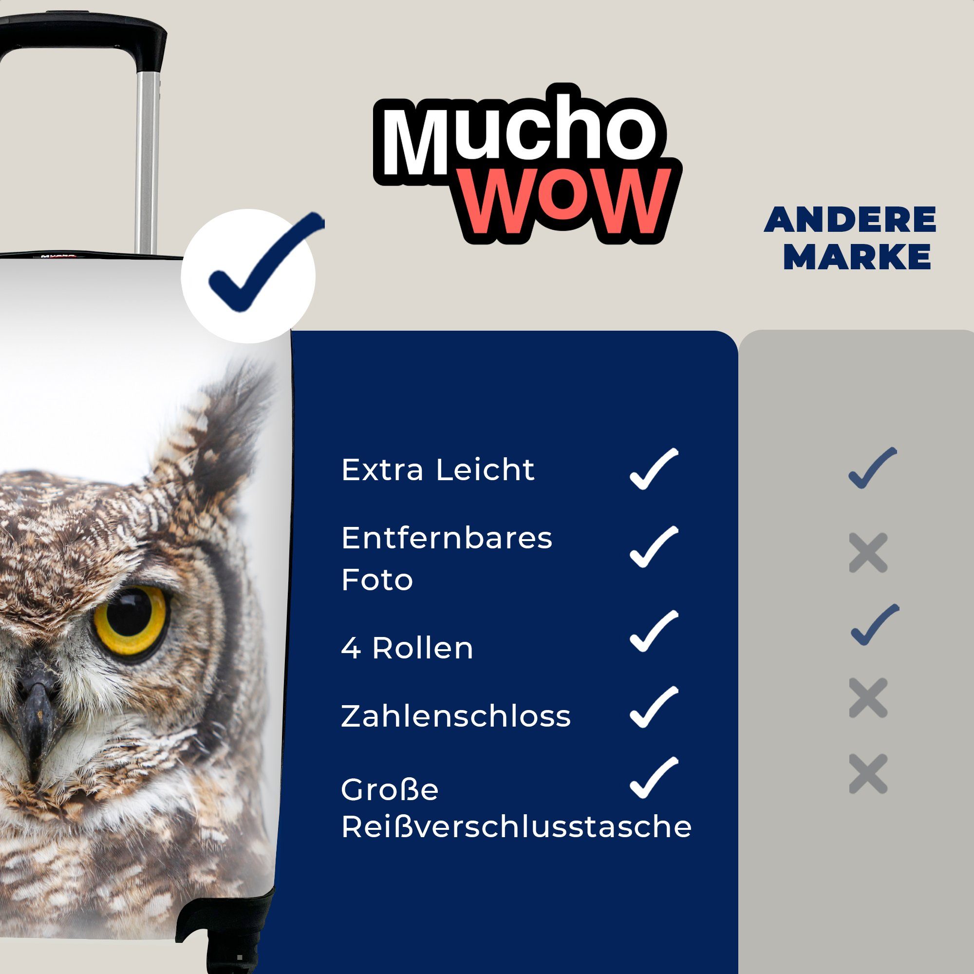 MuchoWow Handgepäckkoffer Porträt Eule für auf 4 Hintergrund, Reisekoffer rollen, Trolley, Reisetasche mit braunen Rollen, einer Handgepäck weißem Ferien