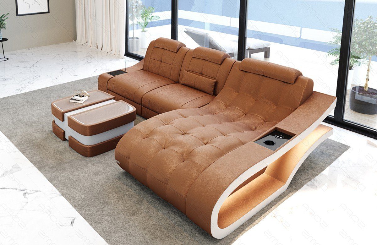Sofa Dreams Ecksofa Stoff Sofa Polster Couch Elegante S - L Form Samt Stoffsofa, wahlweise mit Bettfunktion hellbraun-weiß