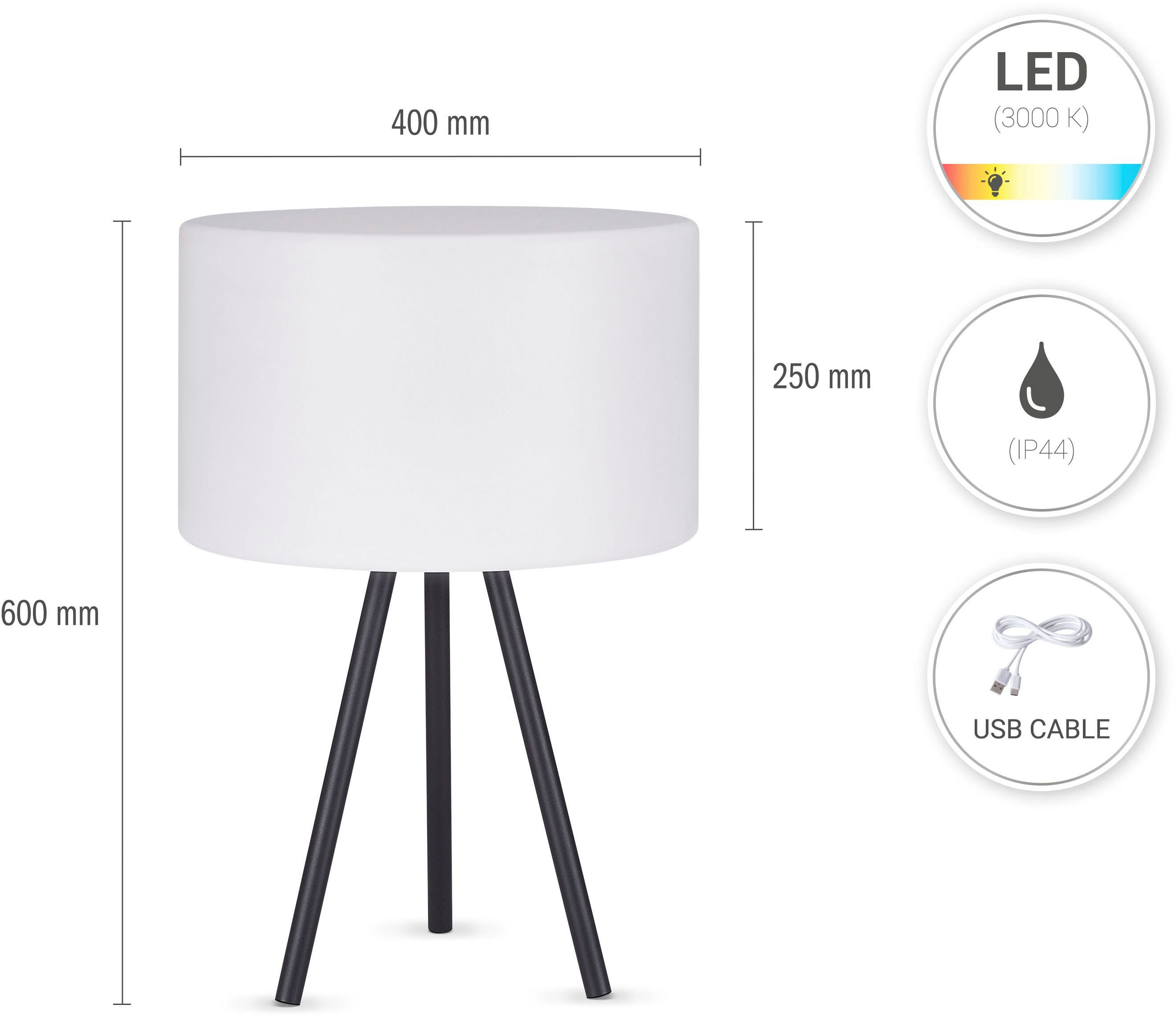 Tischleuchte BRUCE, LED Skandinavische integriert, Outdoor Dreibein Akku Nachtischlampe Tischleuchte Home LED fest Paco