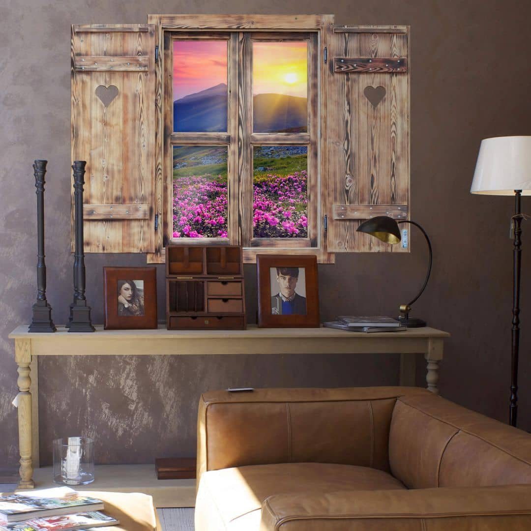 K&L Wall Art Wandtattoo 3D Wandtattoo Holzoptik Herz Aufkleber Vintage Sonnenuntergang in Bergen, Holzfenster Wandbild selbstklebend
