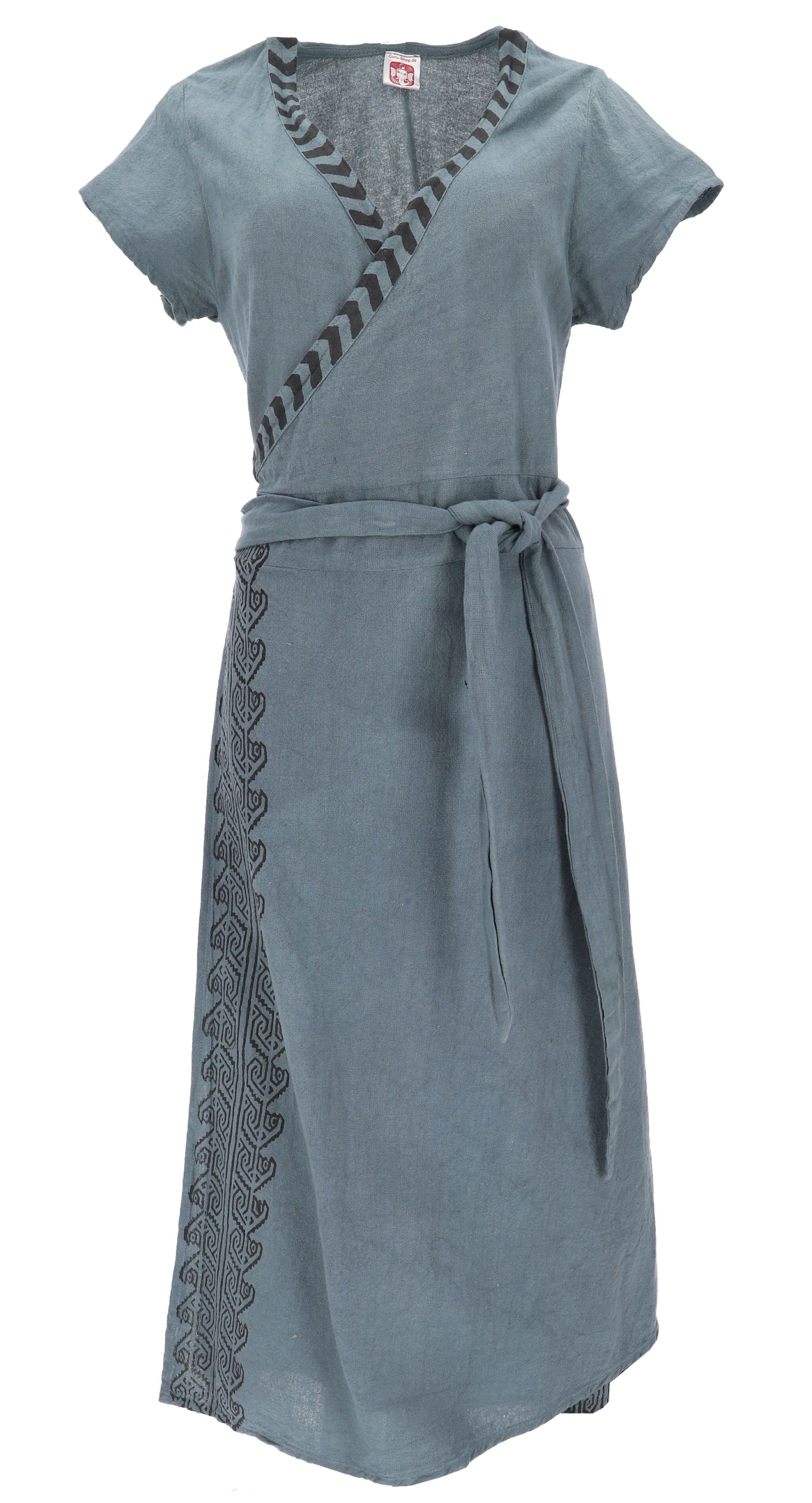 Guru-Shop Midikleid Wickelkleid mit handgefertigtem Druck- taubenblau alternative Bekleidung