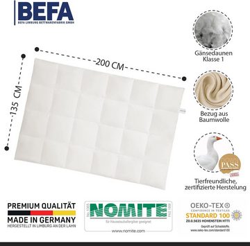 Gänsedaunenbettdecke, weiche 90/10 Premium-Gänsedaunen-Sommerbettdecke, BEFA NATUR, Füllung: 90% Gänsedaunen, 10% Federn, Made in Germany - hochwertige Verarbeitung - Allergiker geeignet