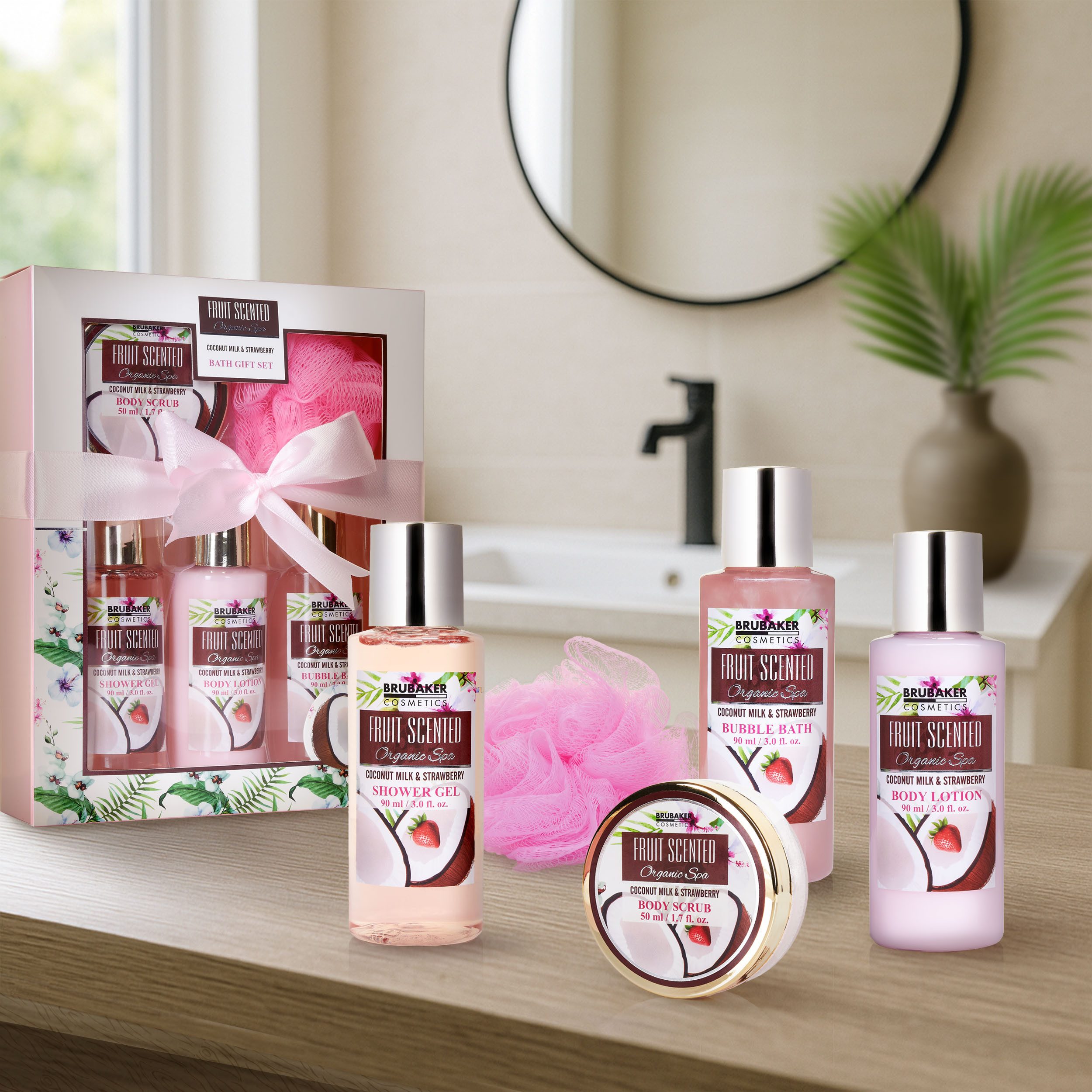 BRUBAKER Pflege-Geschenkset Badeset mit Erdbeeren & Kokosnuss Duft, Beauty Geschenkset, 5-tlg., Frauen Geschenk Set in Sichtfensterbox, Beauty Pflegeset für Damen