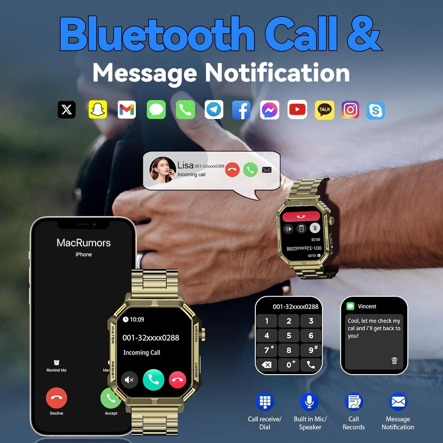 Zevelora Herren's Telefonfunktion HD Display 100+ Sportmodi fitness tracker Smartwatch (1.95 Zoll, Android/iOS), Mit Herzfrequenzfunktion HF, SPO₂, Zählen Sie Schritte, Distanz