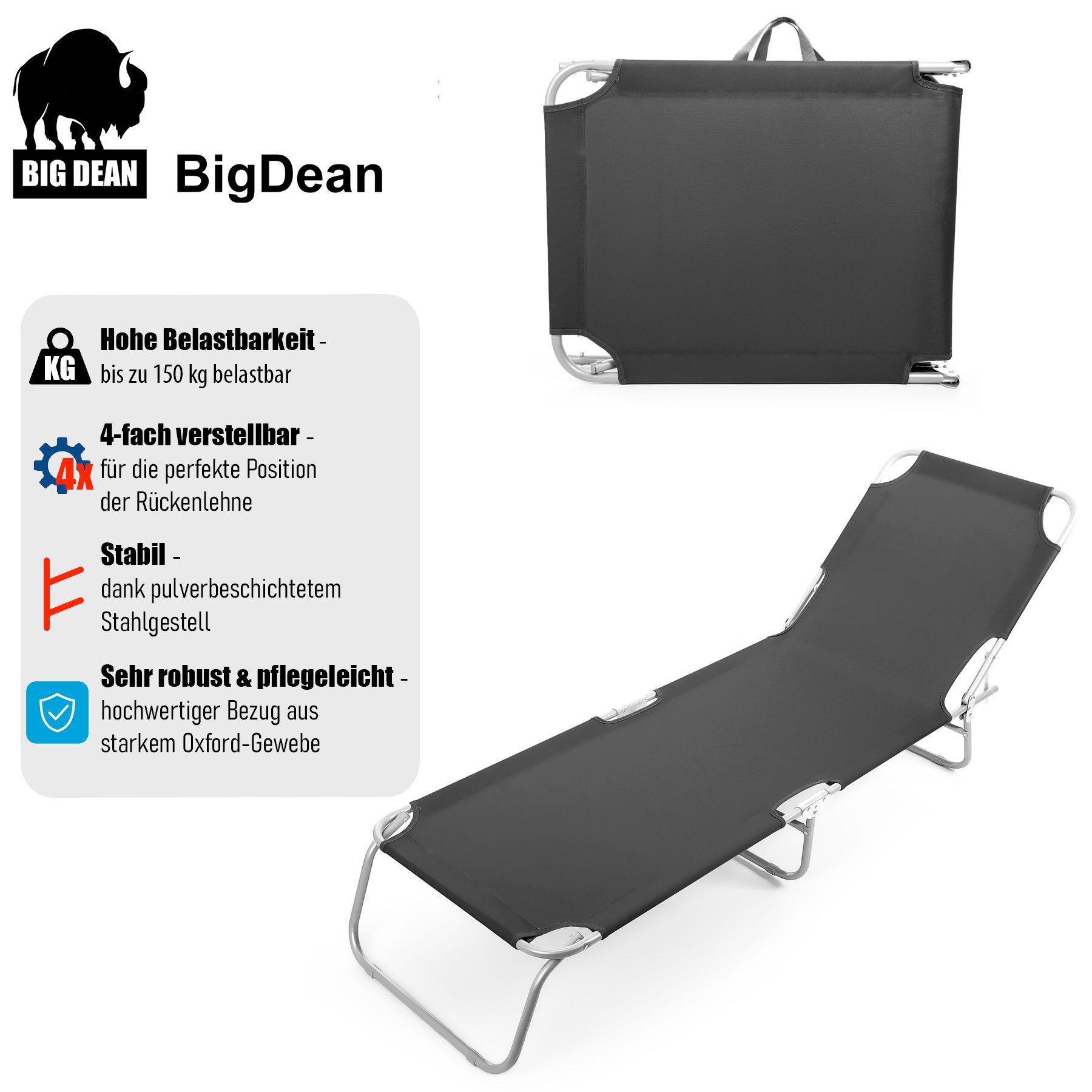 BigDean Gartenliege Sonnenliege klappbar 150 kg belastbar mit verstellbarer Rückenlehne, Packung, 1 St., Liege/n, Hochwertiger Stahlrohrrahmen, Polyester bespannung, 4kg leicht