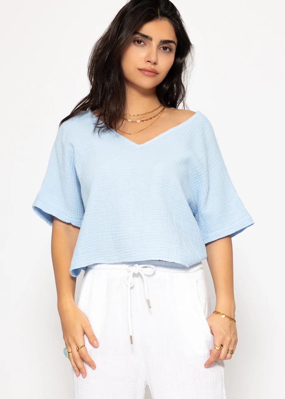 SASSYCLASSY Kurzarmshirt Musselin Shirt mit V-Ausschnitt für Damen Shirt mi günstig online kaufen