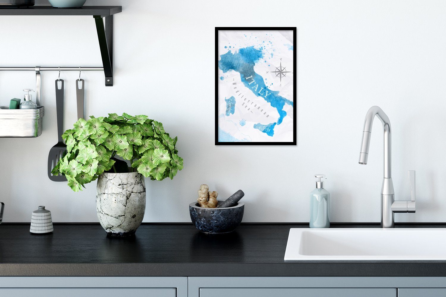 Bilder, St), Poster - Wandposter, Gerahmtes (1 Schwarzem Wanddeko, Italien, MuchoWow Bilderrahmen Blau Poster, - Weltkarte