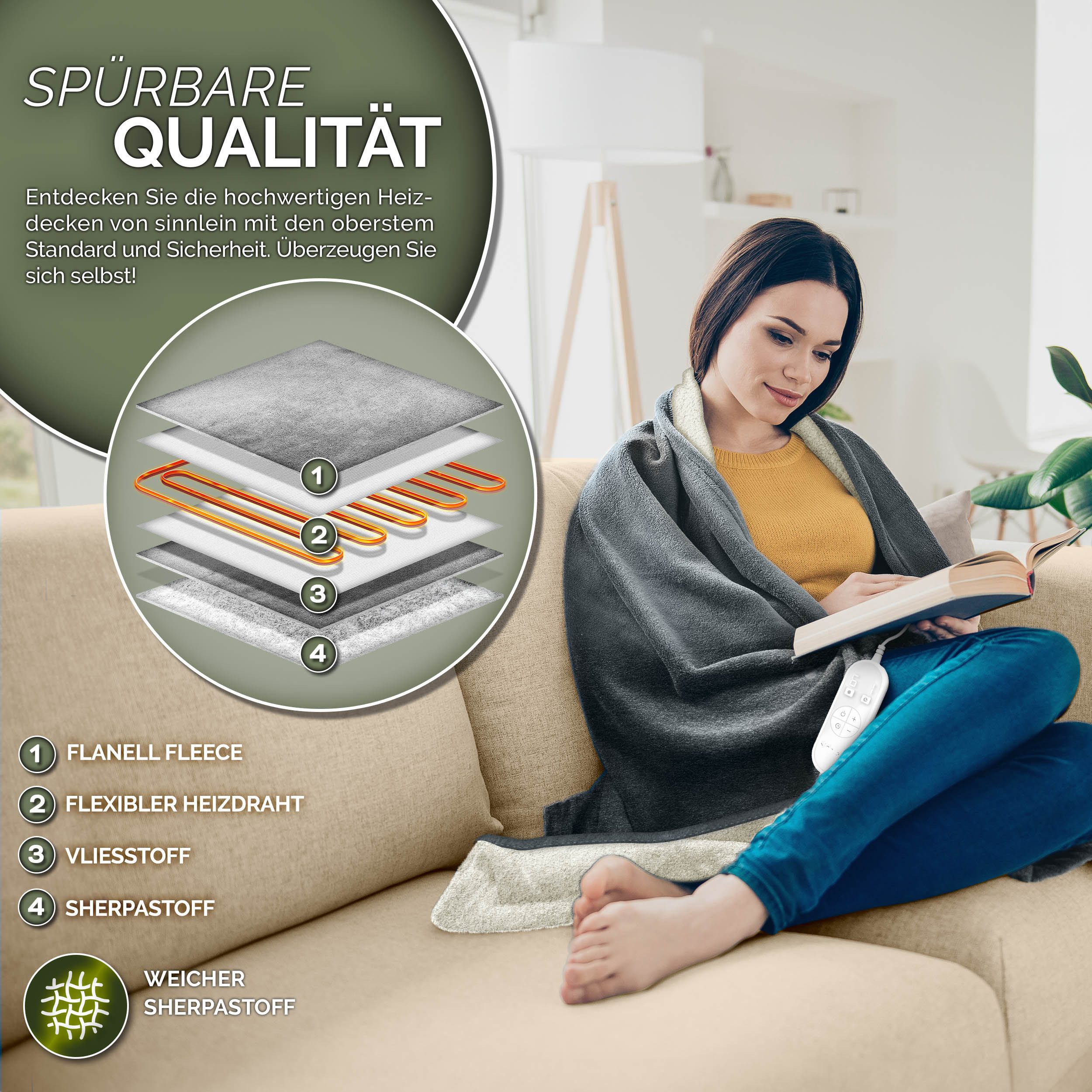 sinnlein Heizdecke mit Abschaltautomatik Elektrische Wärmedecke, mit 9 Temperaturstufen Kuscheldecke Bett, Sofa, Decke elektrisch mit Timer Digitalanzeige, 9 Temperaturstufen