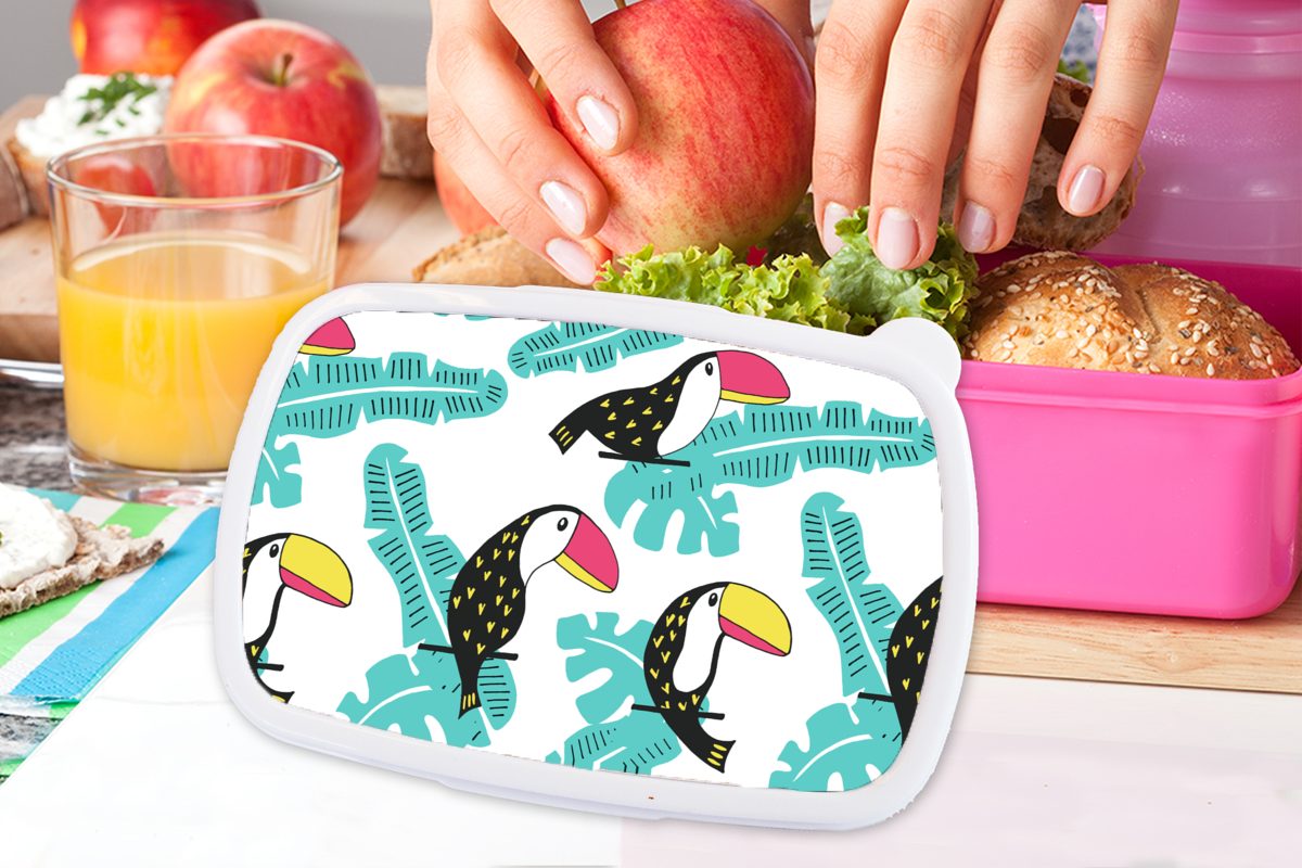 Lunchbox Kinder, für Tukan, Mädchen, Kunststoff Dschungel MuchoWow Brotdose Muster - (2-tlg), Brotbox Erwachsene, rosa - Snackbox, Kunststoff,