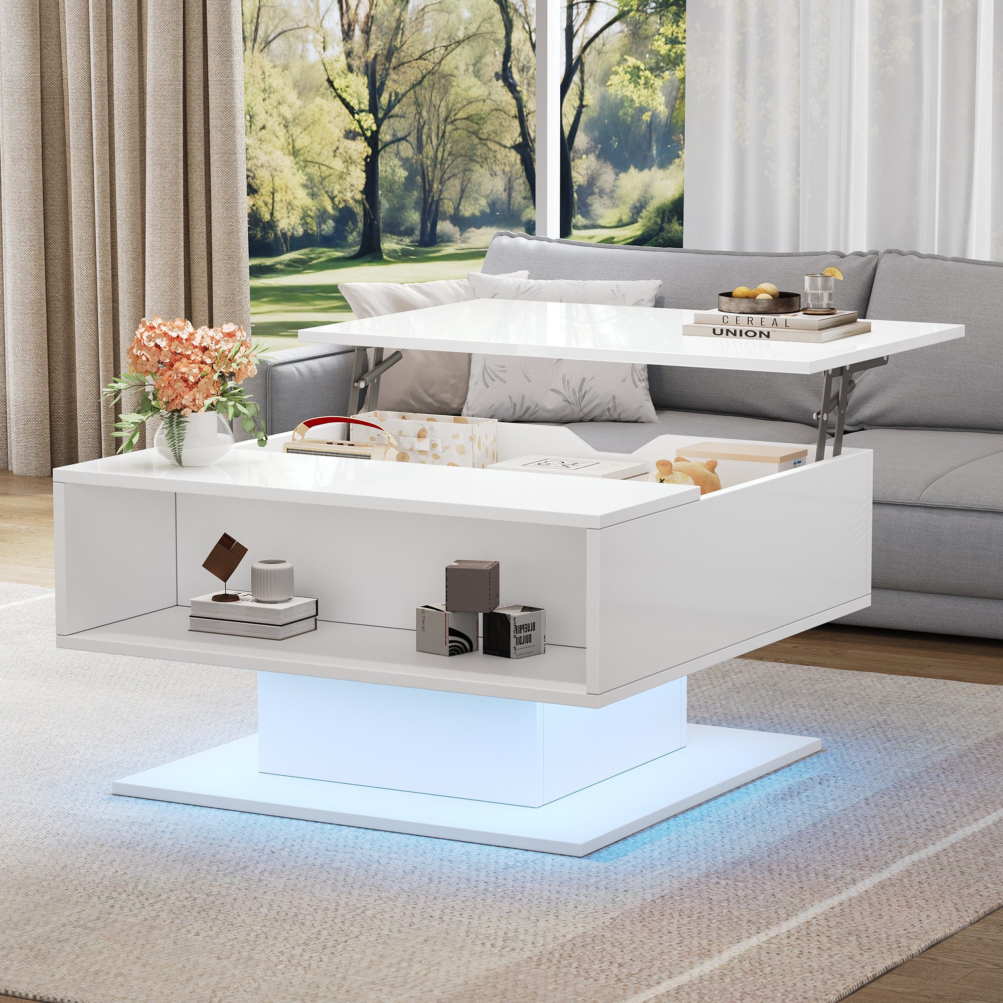 REDOM Couchtisch 80x77x40 cm mit LED-Beleuchtun (Kaffeetisch mit Versteckter Stauraum und halboffener Stauraum, 1-St., mit LED-Lichtstreifen), Hochglanz-Sofatisch, 80*77*40cm