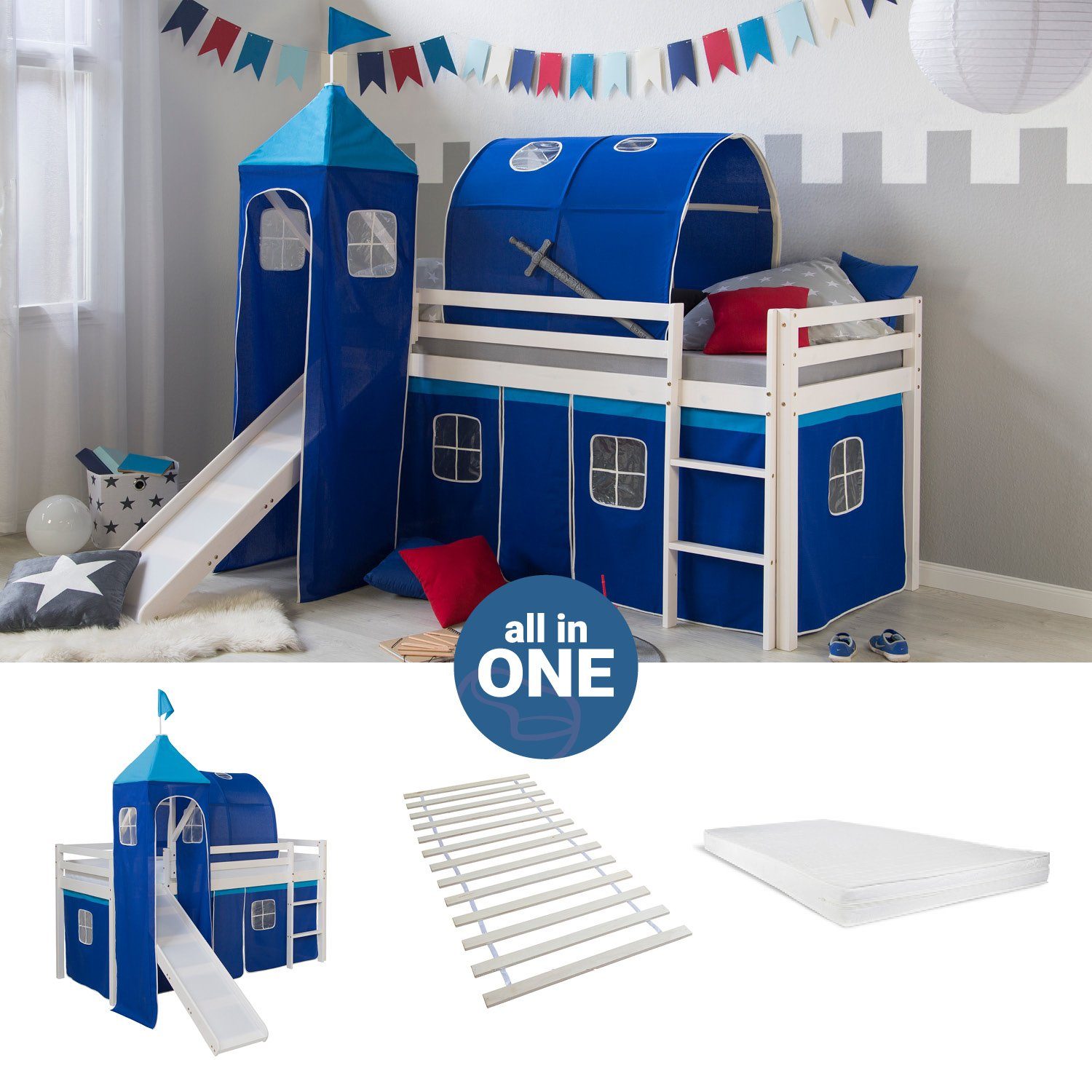 Homestyle4u Hochbett 90x200 mit Vorhang Lattenrost Matratze Rutsche Tunnel günstig online kaufen