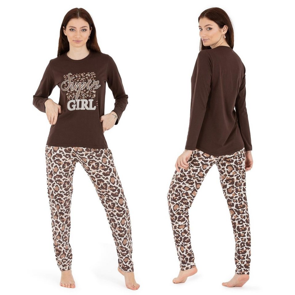 LOREZA Schlafanzug Damen Pyjama LEO zweiteiliger Schlafanzug Hausanzug  Nachtwäsche langar (Set, 2 tlg)