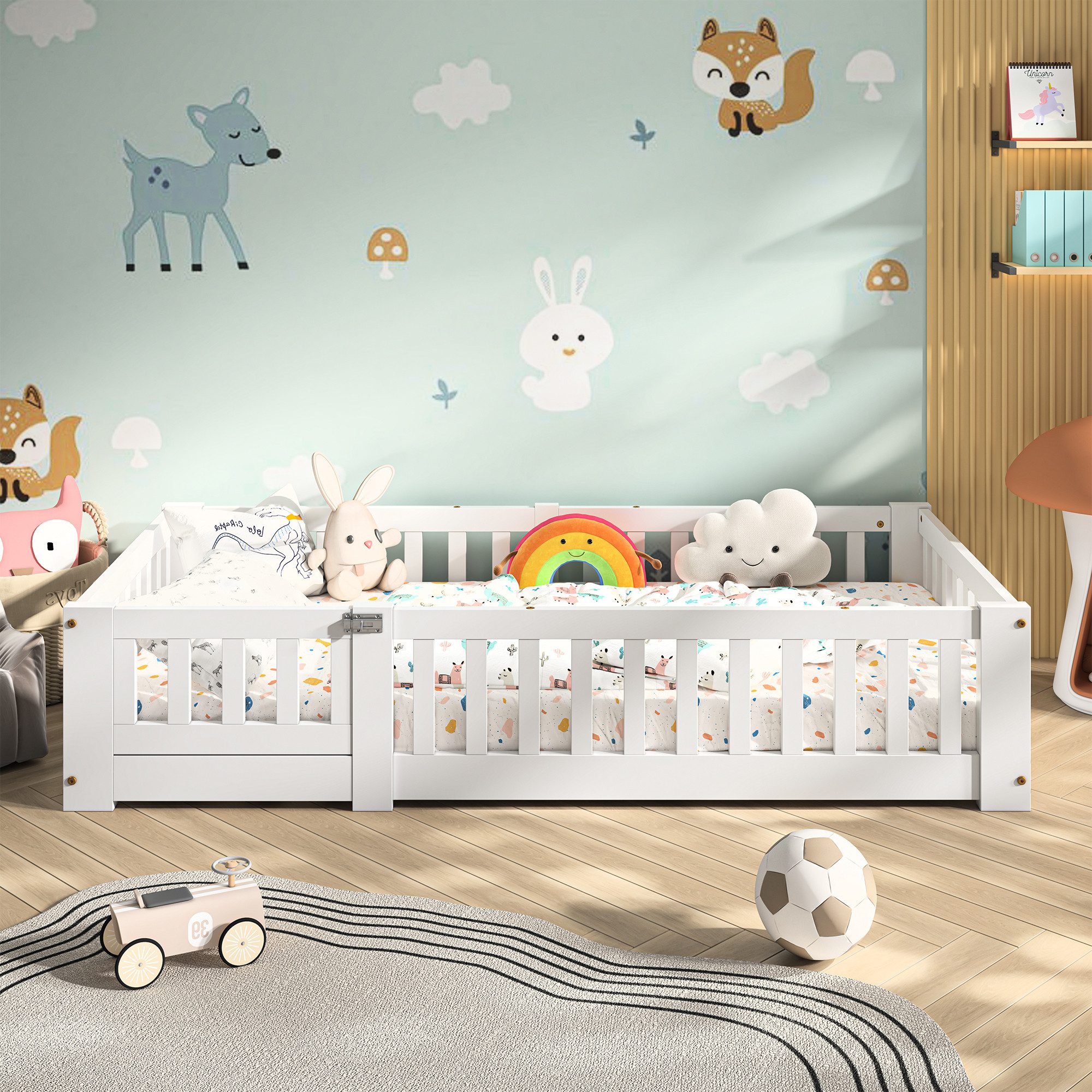 FUROKOY Kinderbett Bodenbett Massivholzbett mit Lattenrost, Holzbett Einzelbett 80x160cm mit Rausfallschutz,Weiß,Montessori