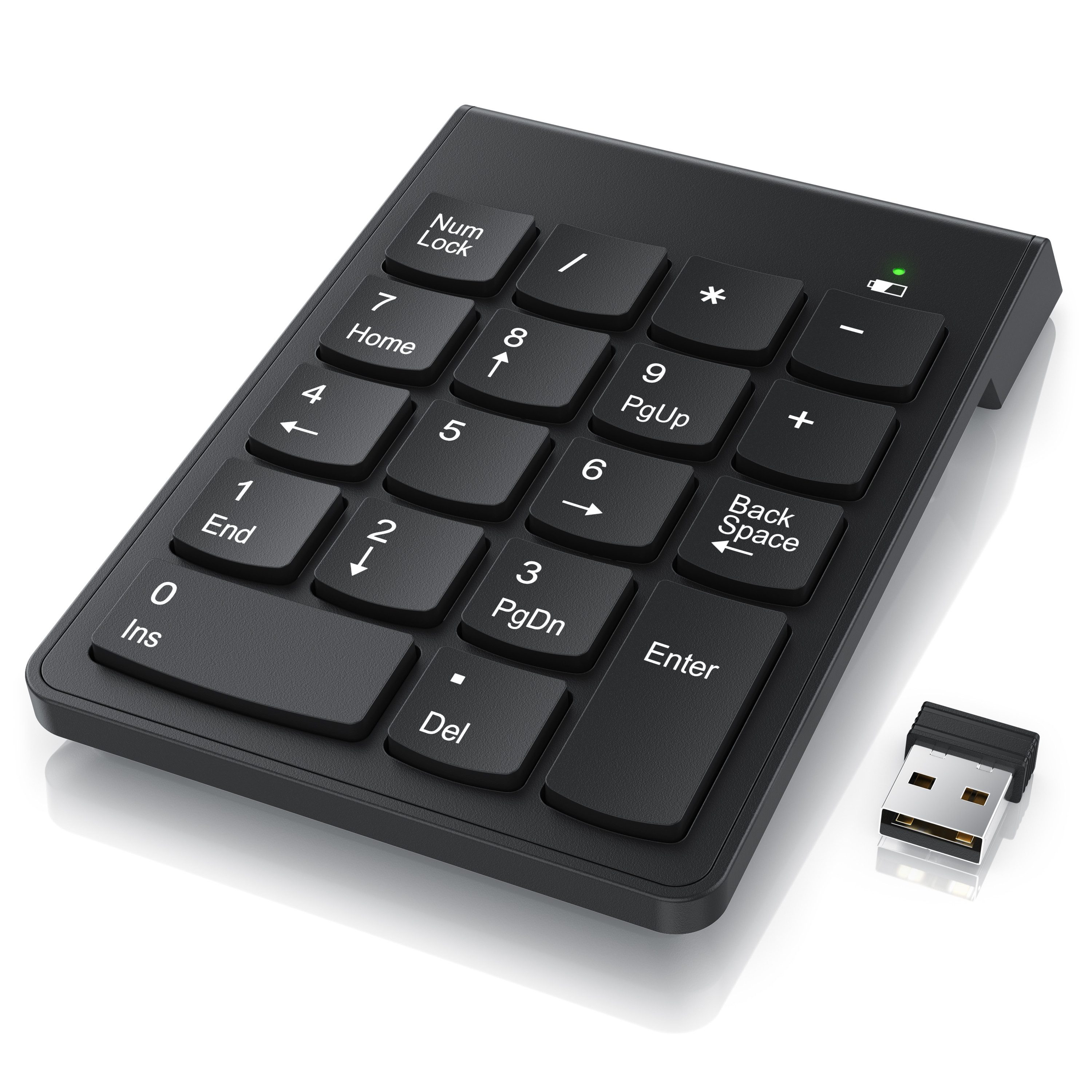 CSL Numpad kabellos, 2,4Ghz Keypad mit Mulitmediatasten, Nummerntastenfeld Wireless-Tastatur (Nummernblock Zusatztastatur, 10 Multimedia Keys, 18 Tasten, Laptop, PC)