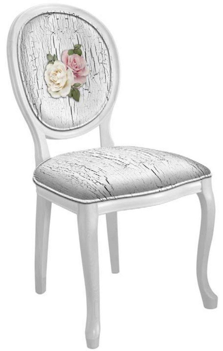 Casa Padrino Esszimmerstuhl Barock Esszimmerstuhl Rosen Antik Weiß / Mehrfarbig / Weiß - Handgefertigter Antik Stil Stuhl - Esszimmer Möbel im Barockstil
