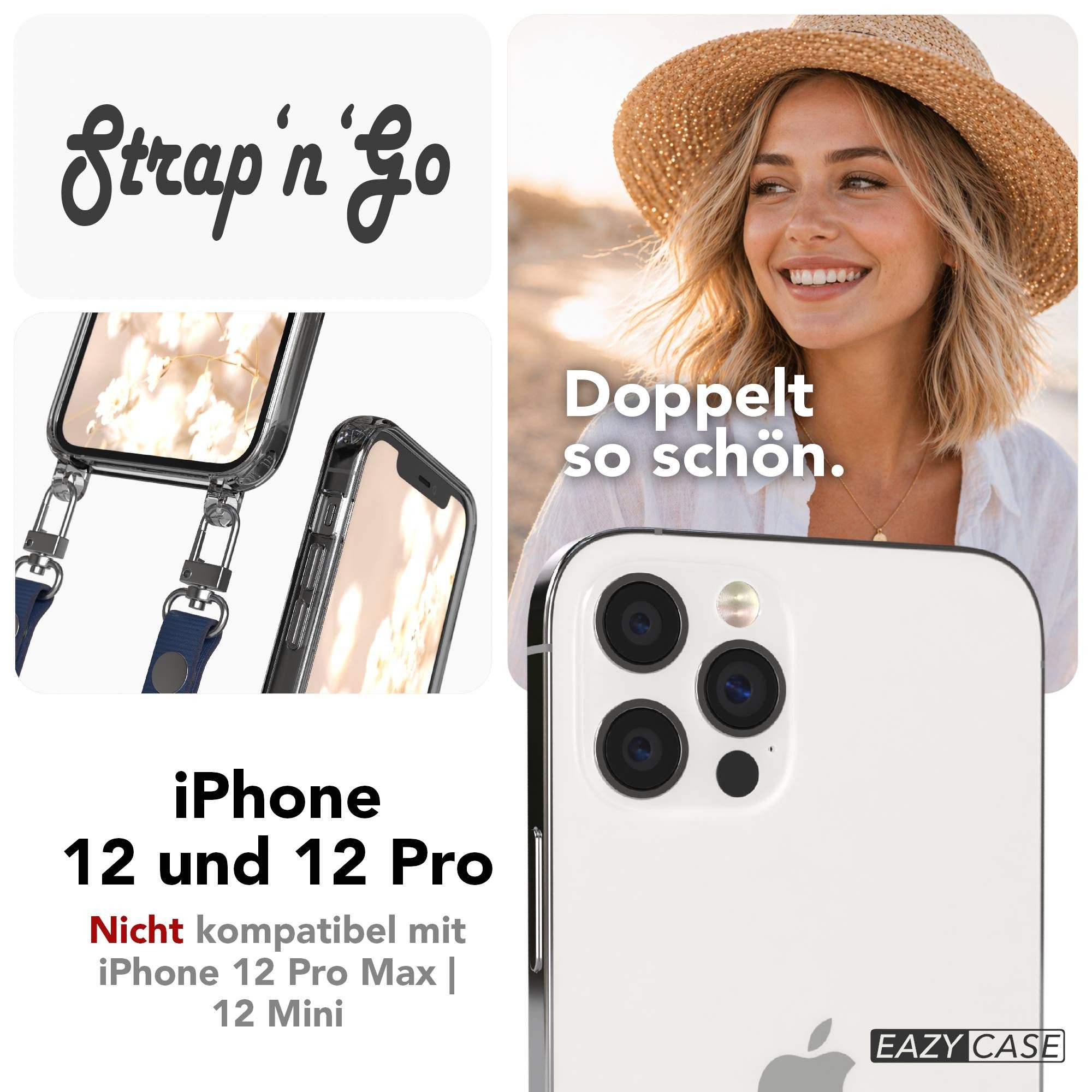 EAZY CASE Handykette für Apple iPhone 12 / 12 Pro Handyhülle mit Handyband magnetisch, Handykette in Dunkelblau mit Band und zusätzlichen 2x2 Connectoren
