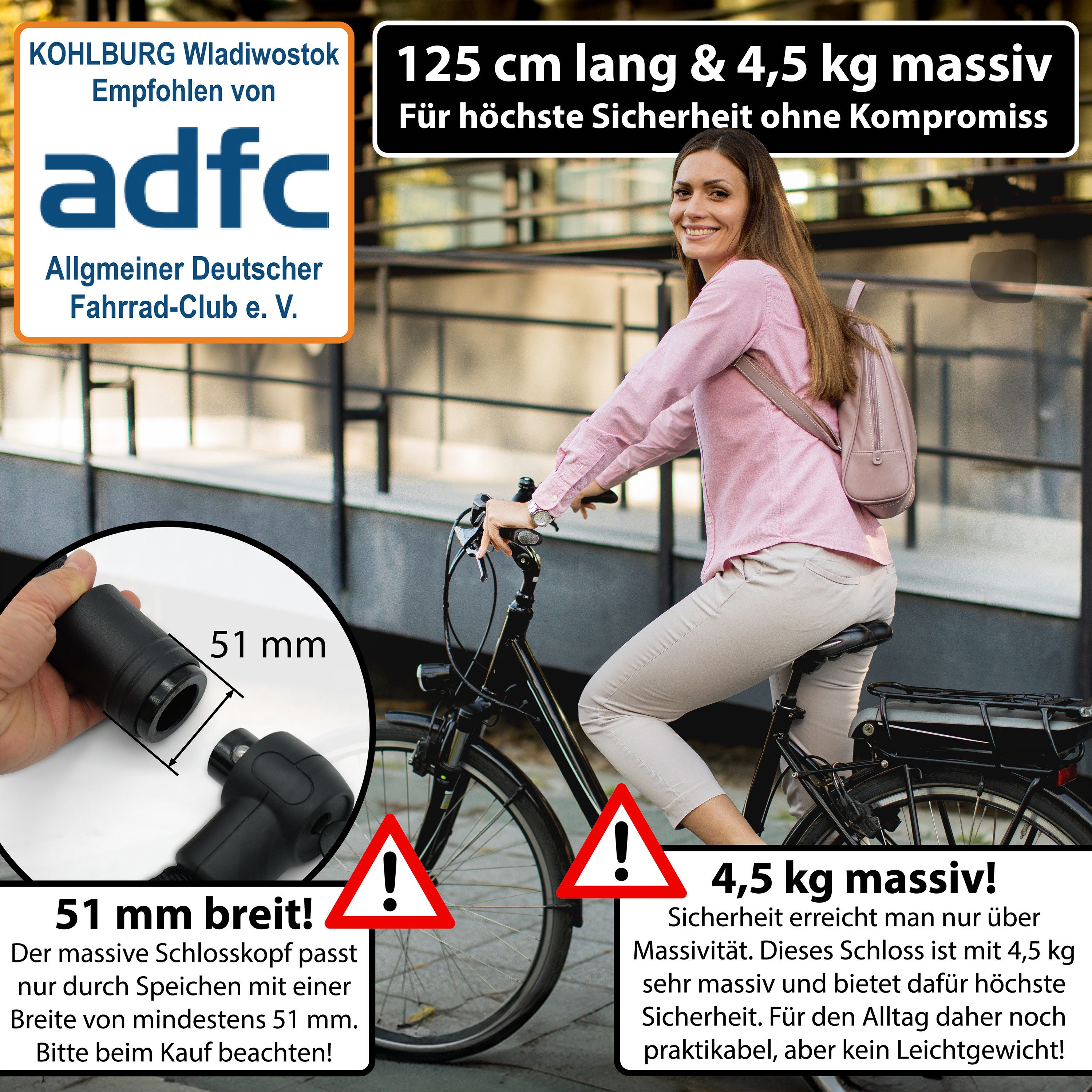KOHLBURG Kettenschloss Motorradschloss [Anti-Bolzenschneider] Fahrradschloss hohe Sicherheit, 125 cm lang • 4,5 kg • Schloss für Motorrad Scooter E Bike & Fahrrad