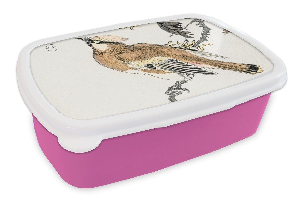 MuchoWow Lunchbox Vogel - Braun - Japanisch - Skandinavisch, Kunststoff, (2-tlg), Brotbox für Erwachsene, Brotdose Kinder, Snackbox, Mädchen, Kunststoff rosa