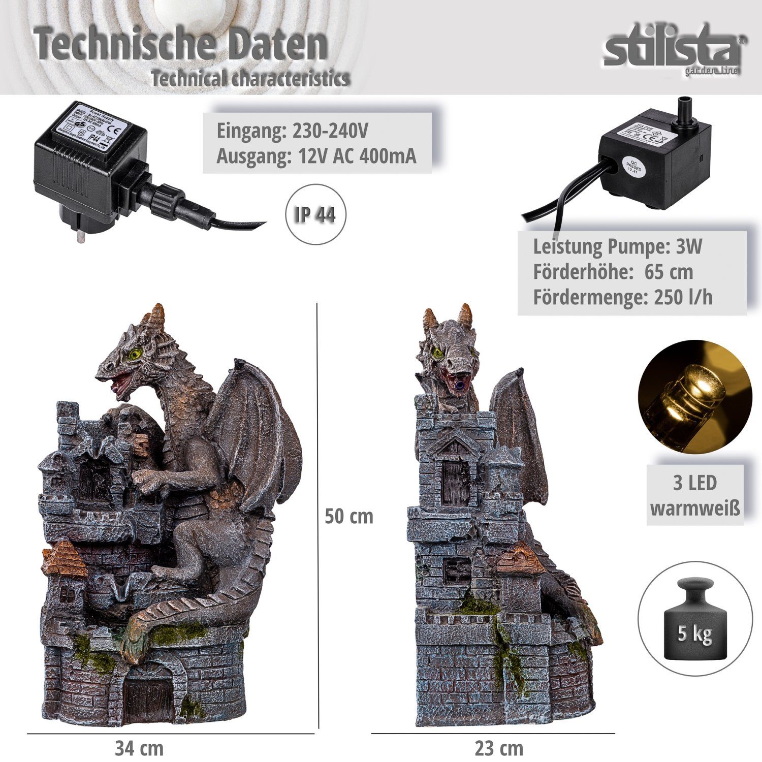 x 50 Steinoptik, Drache STILISTA inkl. in Gartenbrunnen Beleuchtung, 34 cm, Kaskade, 23 Zierbrunnen Springbrunnen Pumpe LED Wasserspiel x